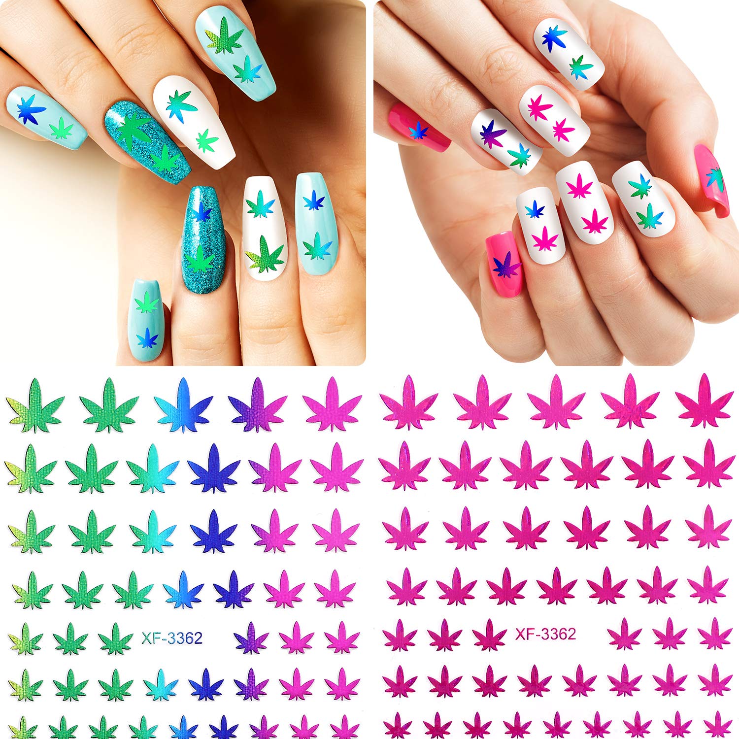 12 Sheets Pot Leaves Nail Stickers - Colorful Self-Adhesive Leaf Nail Decals for Women | Perfect for Fall Nail Art, Halloween Manicures & Nature-Inspired Nail Designs
