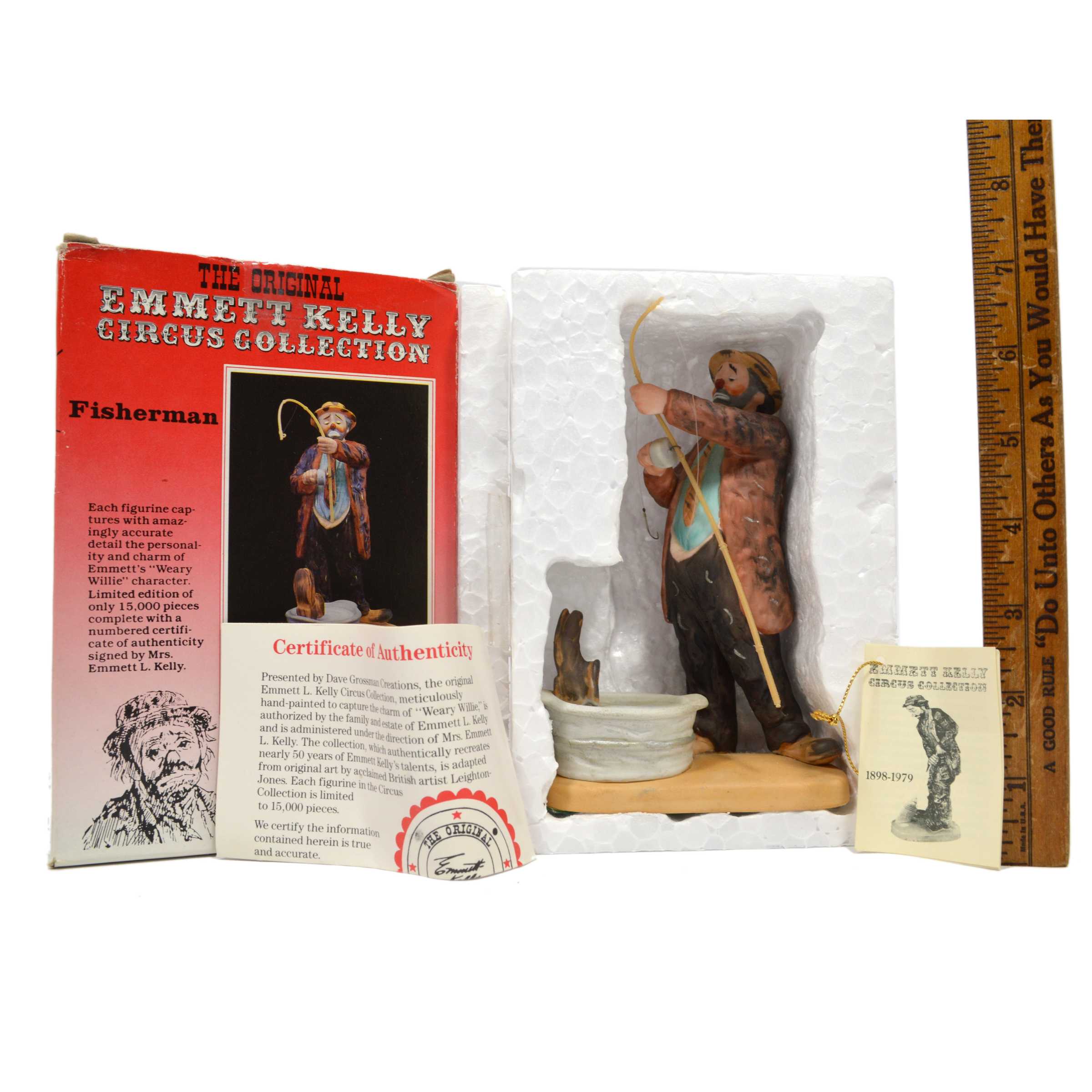 Vintage Emmett Kelly Circus Collection Porcelain Fisherman Clown Figurine - Rare Collectible for Circus Memorabilia Enthusiasts & Home Decor Display