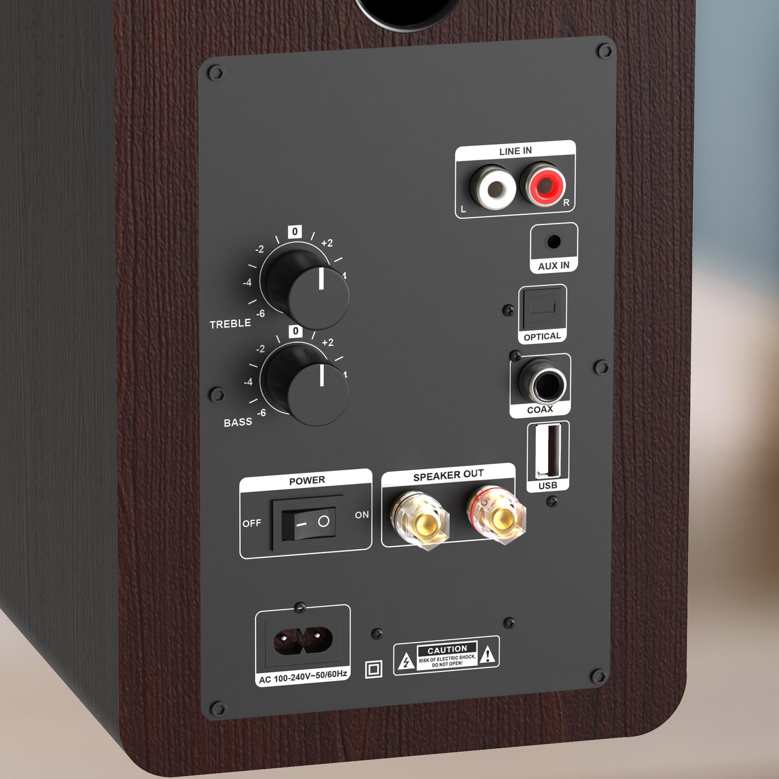 LONPOO 100W Bluetooth Bookshelf Speakers with 4'' Aluminum Woofer - Wireless Audio System for Home Theater, Gaming & Music | Supports RCA, Optical, Coaxial, USB, AUX Input for TV, PC, Turntable (LP-42M, Brown) - Perfect for Living Room, Bedroom & Office Entertainment