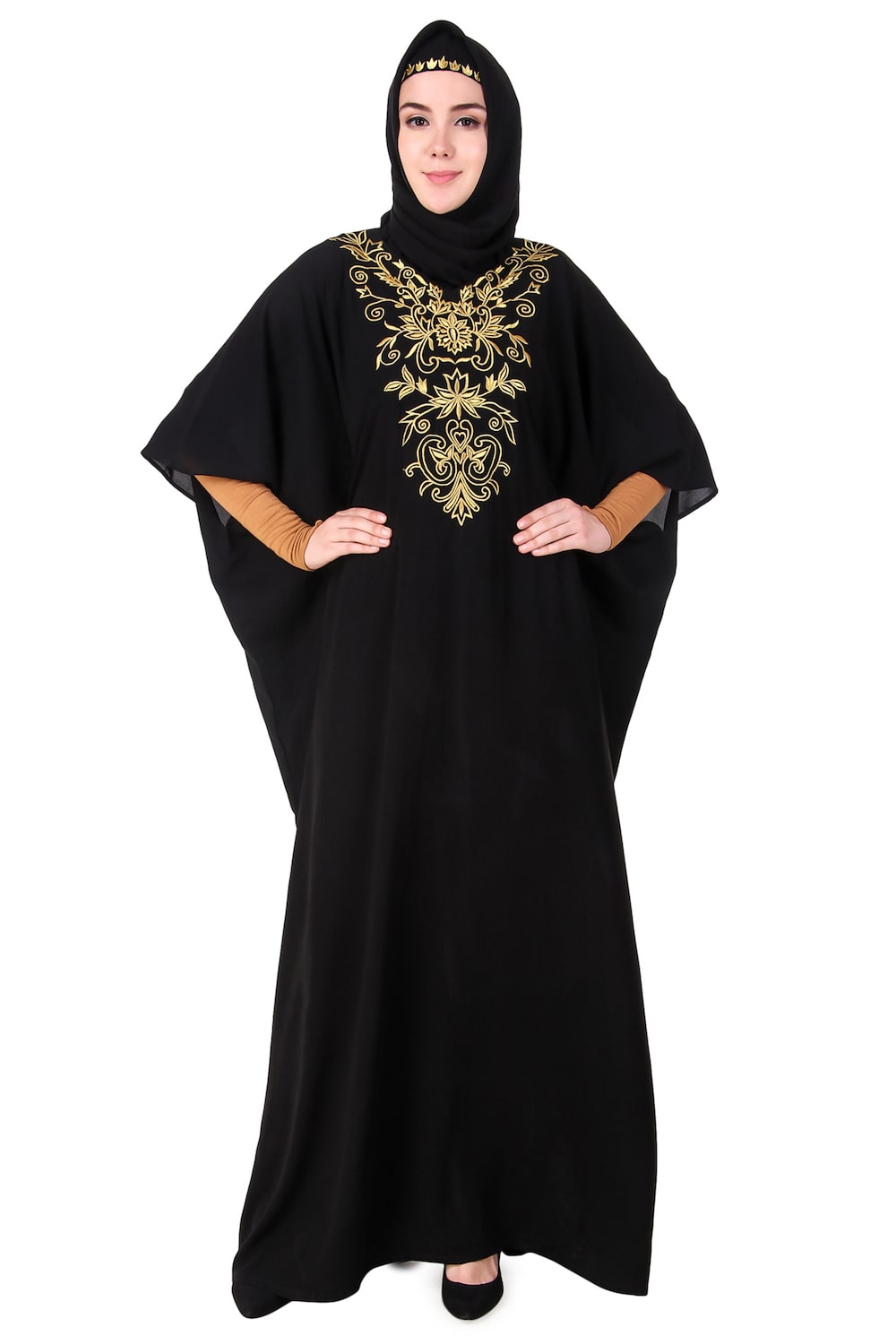 Embroidered Floral Gold Kaftan Dress for Women - Elegant Boho Maxi Dress for Beach, Party & Special Occasions