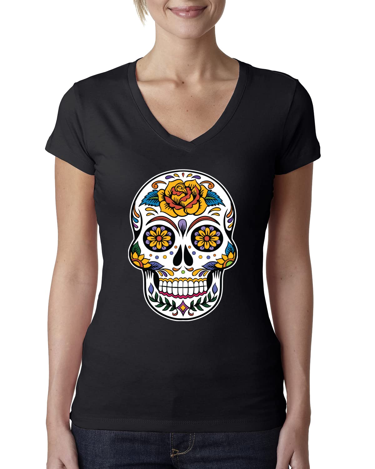 Day of The Dead Sugar Skull Women's V-Neck T-Shirt | Pop Culture Graphic Tee | Junior Fit Casual Top for Halloween, Dia de Los Muertos & Festival Outfits
