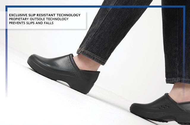 Slip Resistant Waterproof Leather Clogs for Women - Non-Slip Work Shoes for Chefs, Nurses, Kitchen & Garden - Black Slip-On Clogs for Food Service & Healthcare Professionals