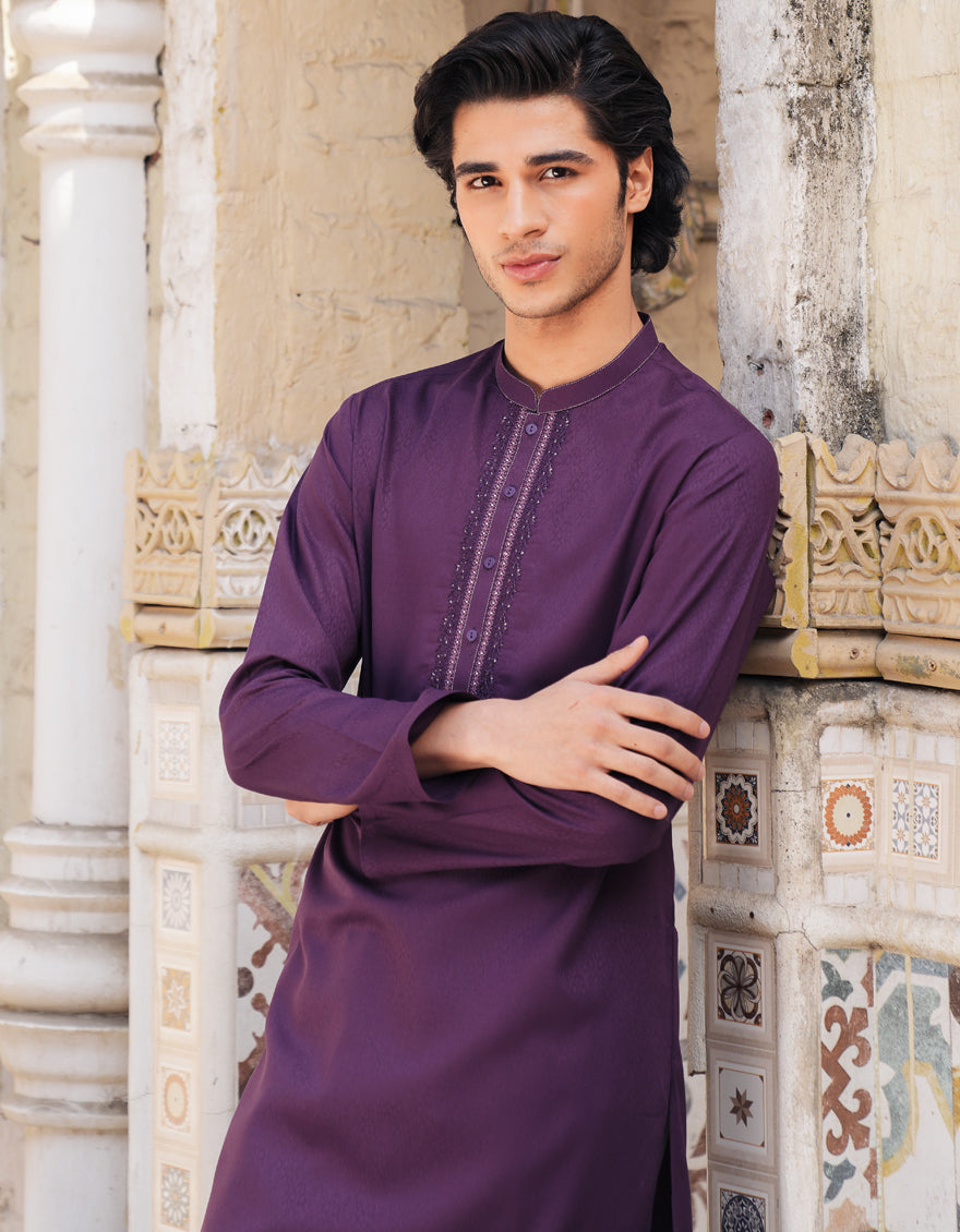 Blended Dark Purple Kurta by J. Junaid Jamshed | Premium Cotton Embroidered Pakistani Traditional Dress for Women | Perfect for Eid, Weddings & Special Occasions