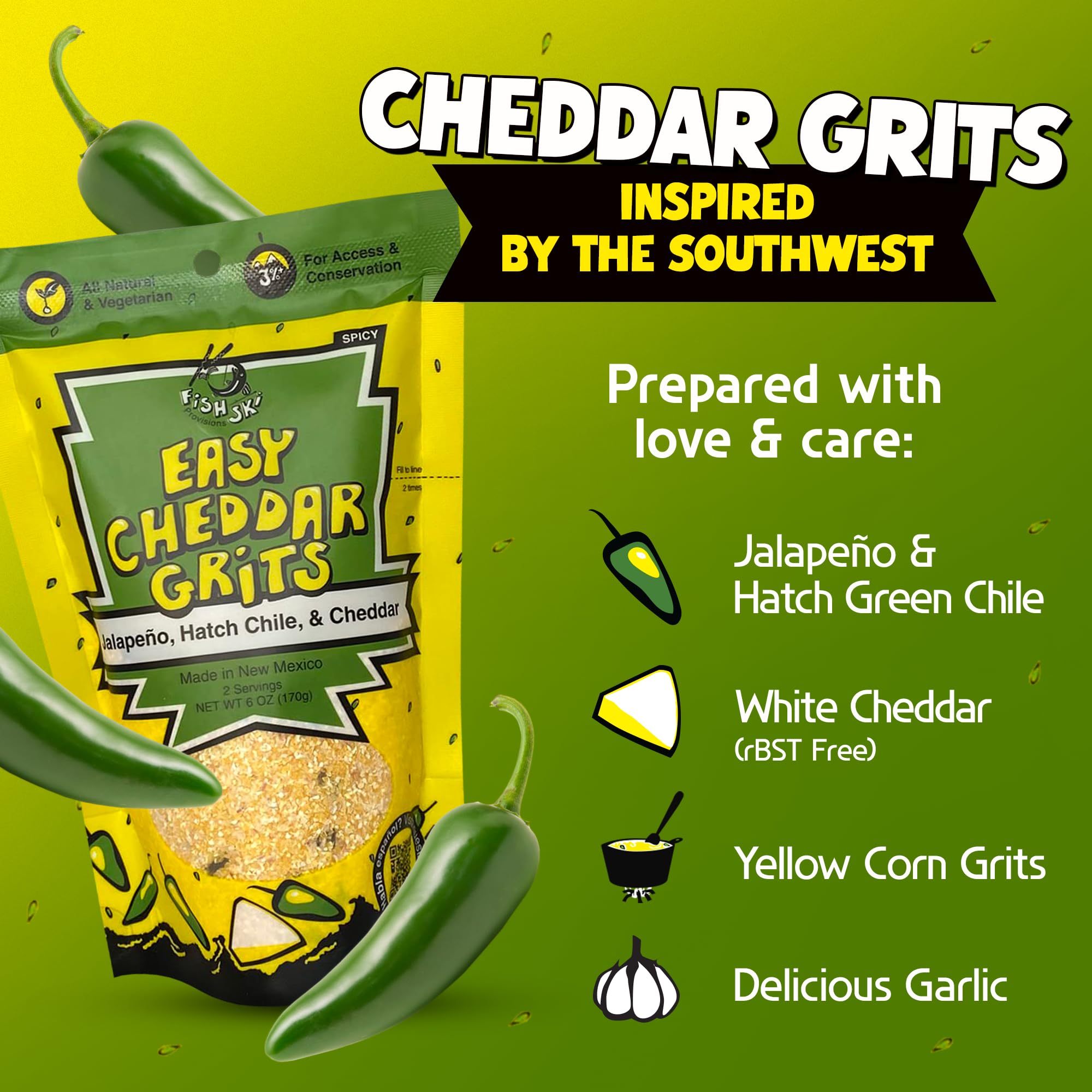 FishSki Provisions Jalapeno Yellow Corn Grits with Cheddar Cheese, Hatch Green Chile & Garlic - 6 oz Bags (24 Pack) | Perfect for Breakfast, Camping & Quick Meals