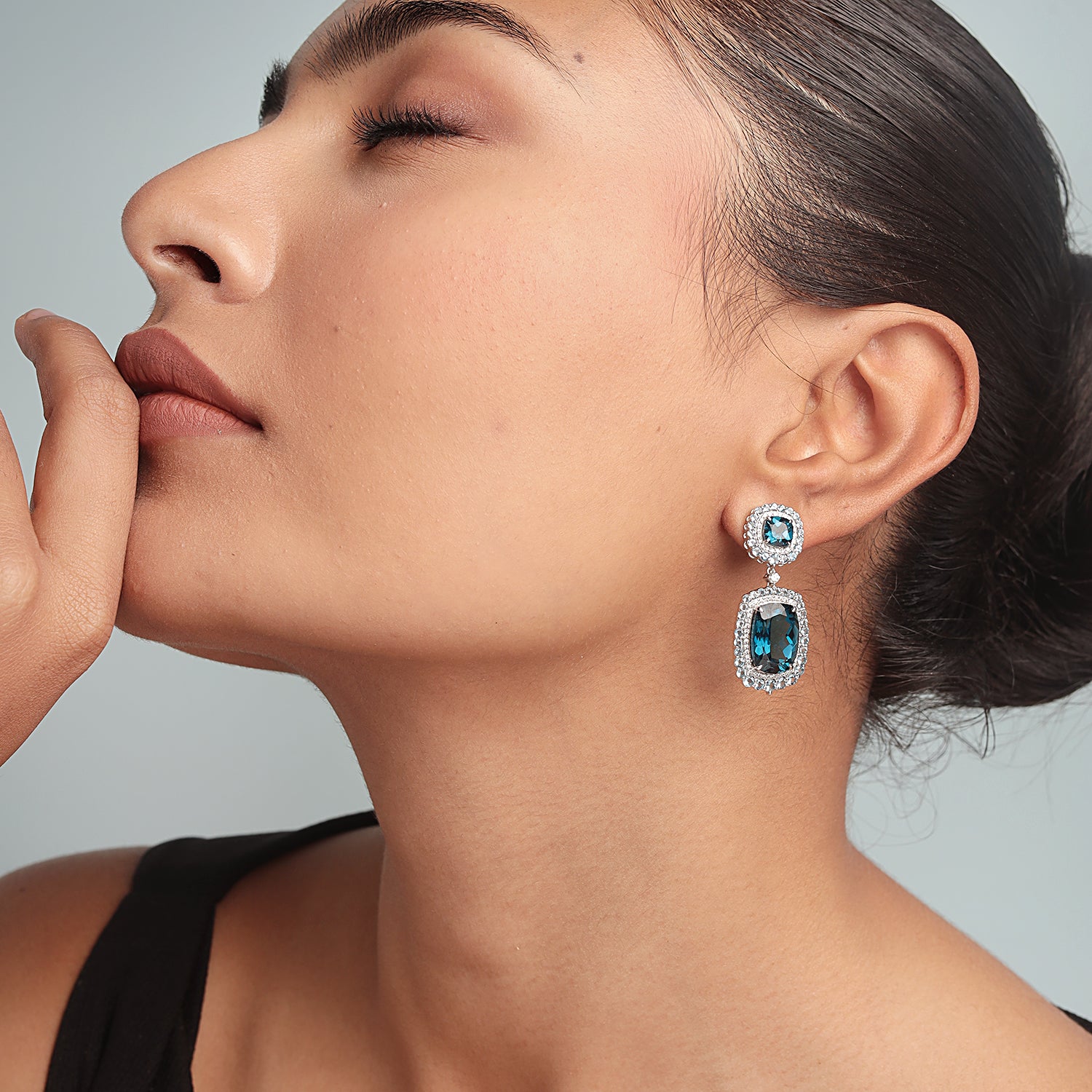 Exquisite London Topaz Prong Set Aquamarine Pave Diamond Dangle Earrings in 14K White Gold | Elegant Jewelry for Weddings, Parties & Special Occasions