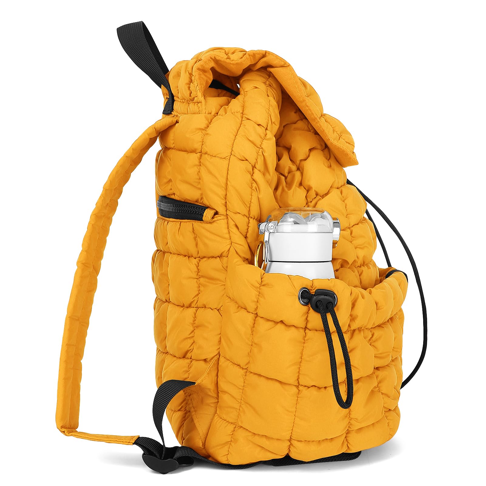 CONTAIL 18L 14 Inch Quilted Puffer Backpack for Women & Men, Waterproof Winter Drawstring Backpack with Top Flap - Yellow | Perfect for School, Travel, Hiking & Outdoor Activities