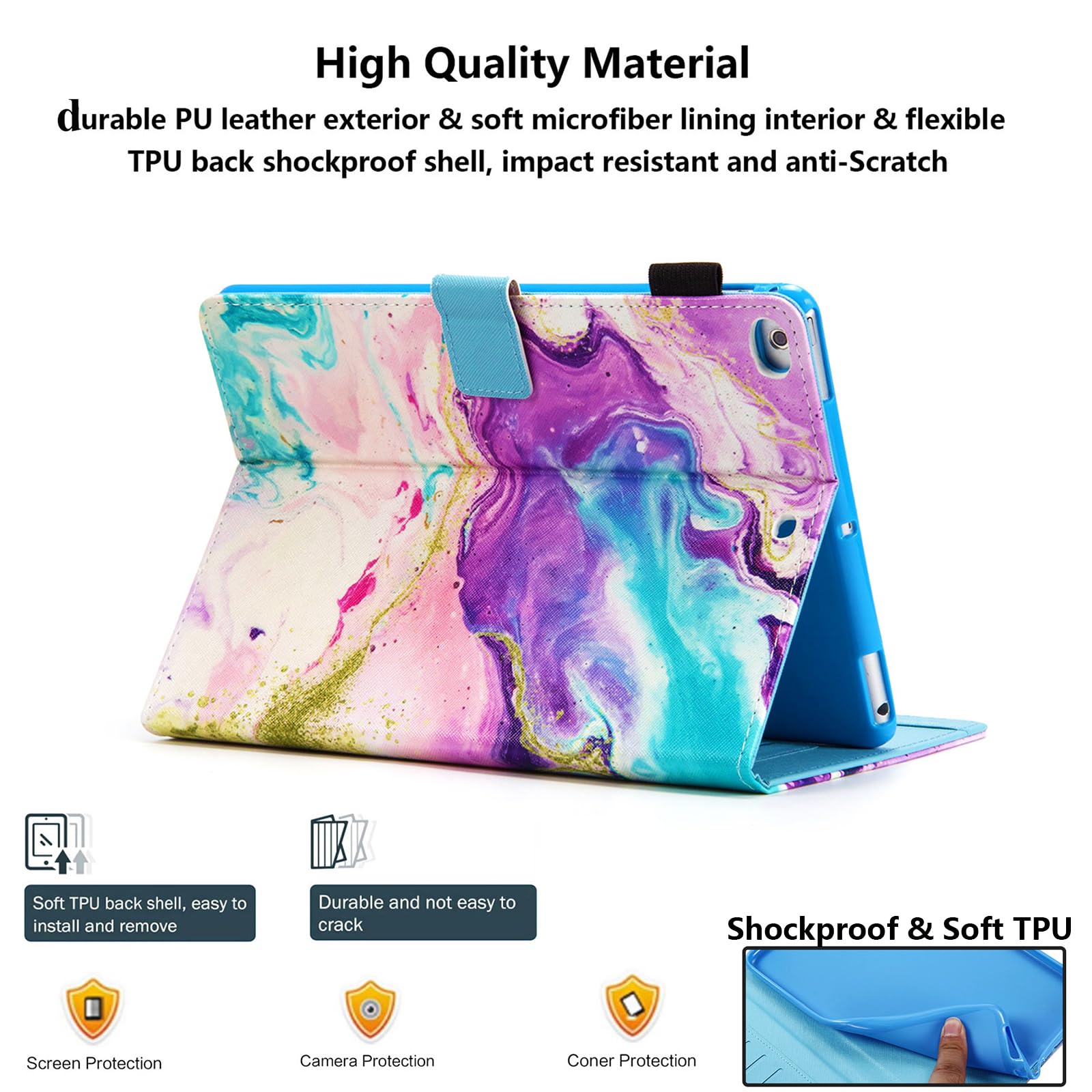 Premium PU Leather iPad Case for iPad 9.7 Inch (2018/2017) - Compatible with iPad 6th/5th Gen & iPad Air 1/Air 2 - Folio Stand Cover with Pencil Holder & Auto Sleep/Wake Feature - Purple Marble Design - Perfect for Work, School & Travel Protection