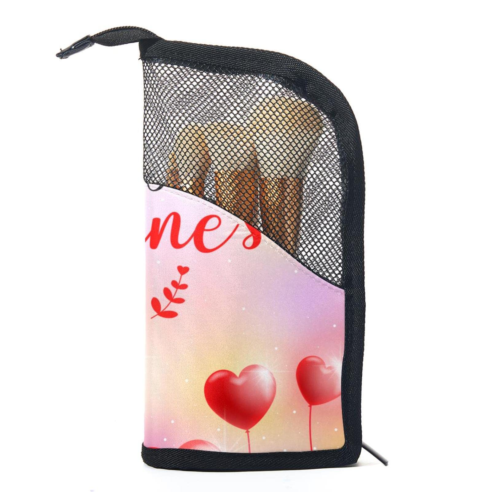 12-Piece Makeup Brush Organizer Bag with Valentine's Card Design - Portable Cosmetic Brush Holder Case with Red Heart for Travel, Home & Professional Makeup Storage