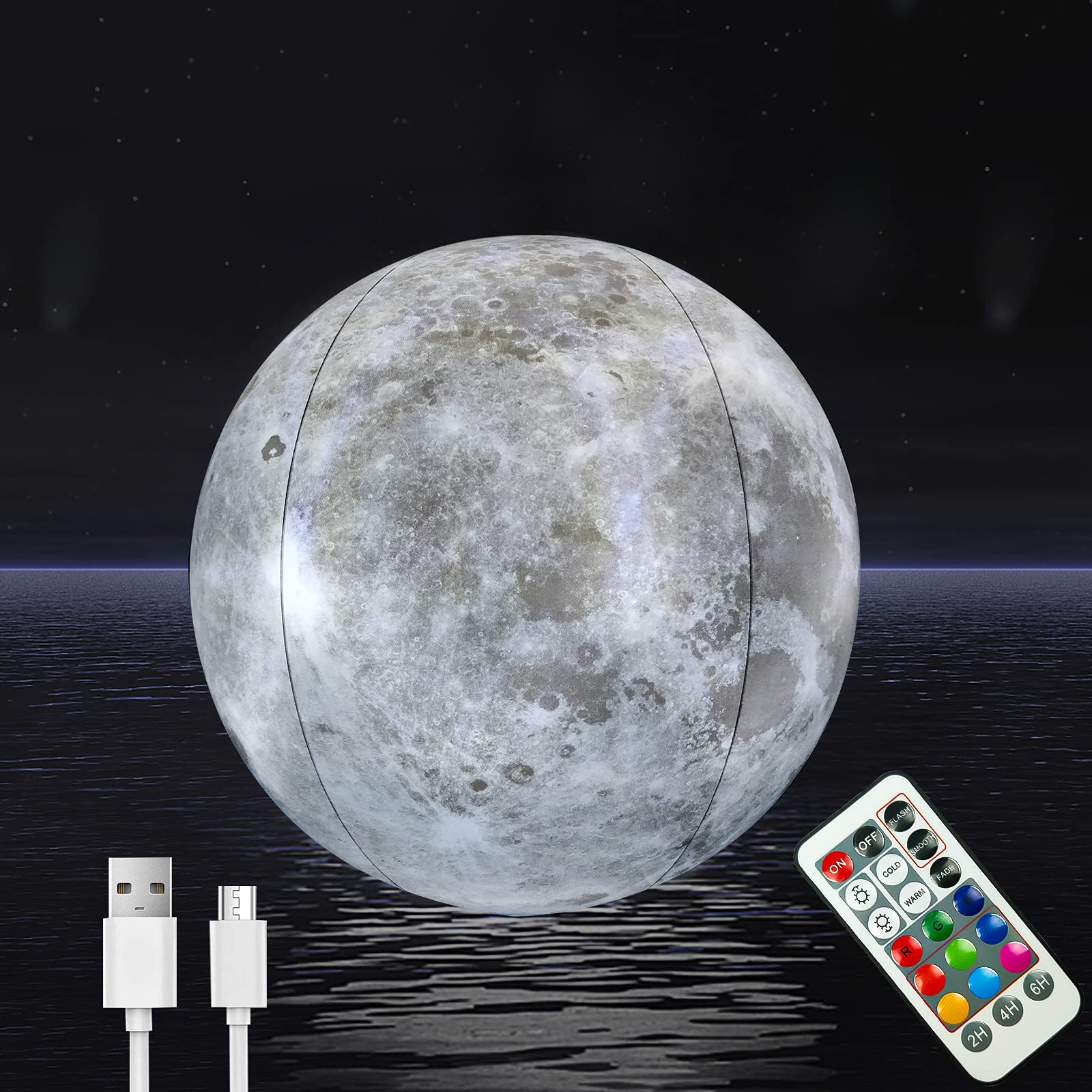 IOKUKI 16'' Rechargeable LED Floating Pool Lights with Remote Control & Timer - Inflatable Moon Light Ball for Pool, Beach, Parties - Waterproof Glow Toys for Kids & Adults - Perfect for Night Swimming, Pool Decorations & Backyard Parties