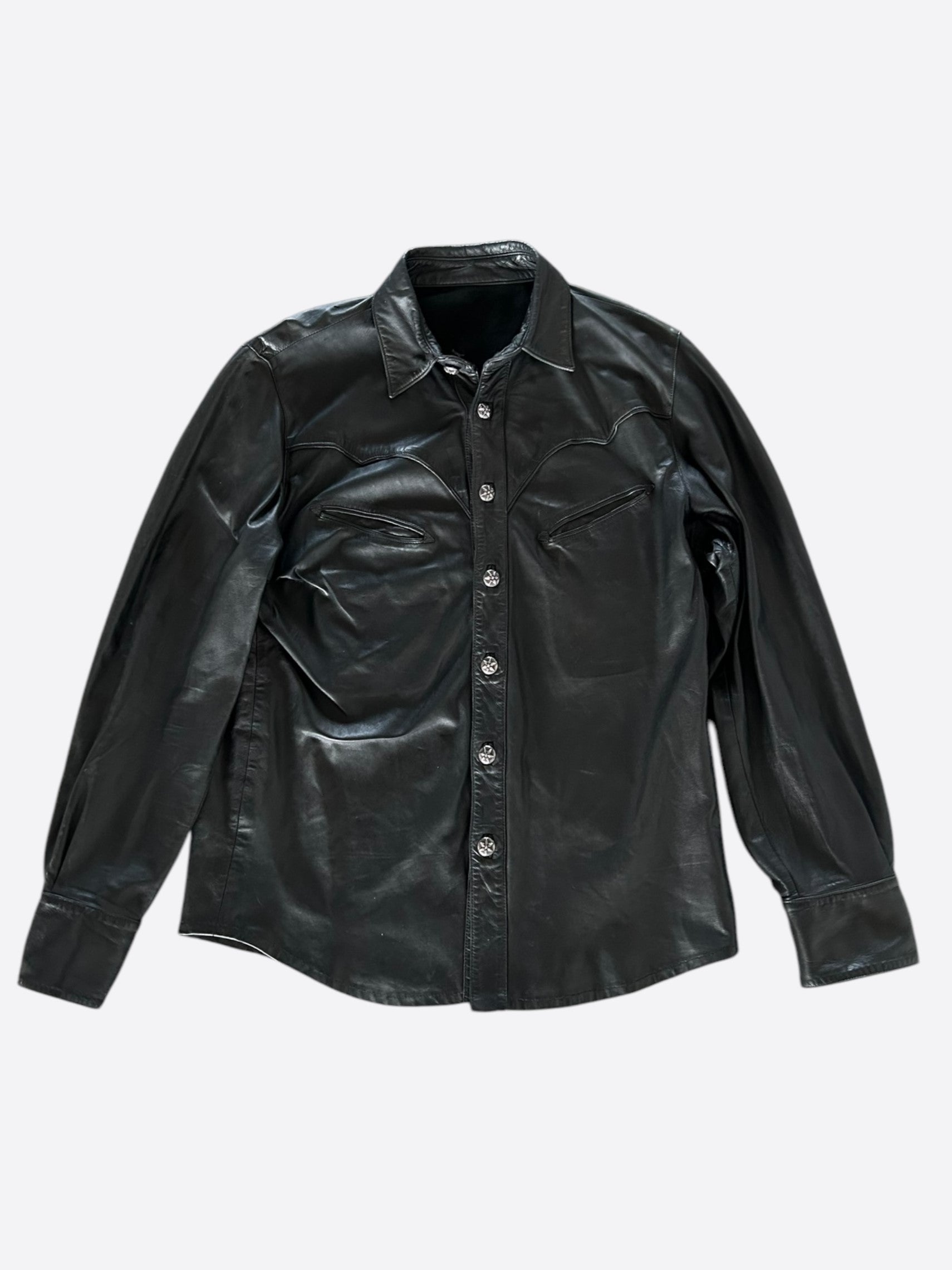 Chrome Hearts Black Leather Western Button Up Shirt for Men | Stylish Cowboy Shirt with Snap Buttons | Perfect for Rodeo, Country Music Concerts & Western Fashion