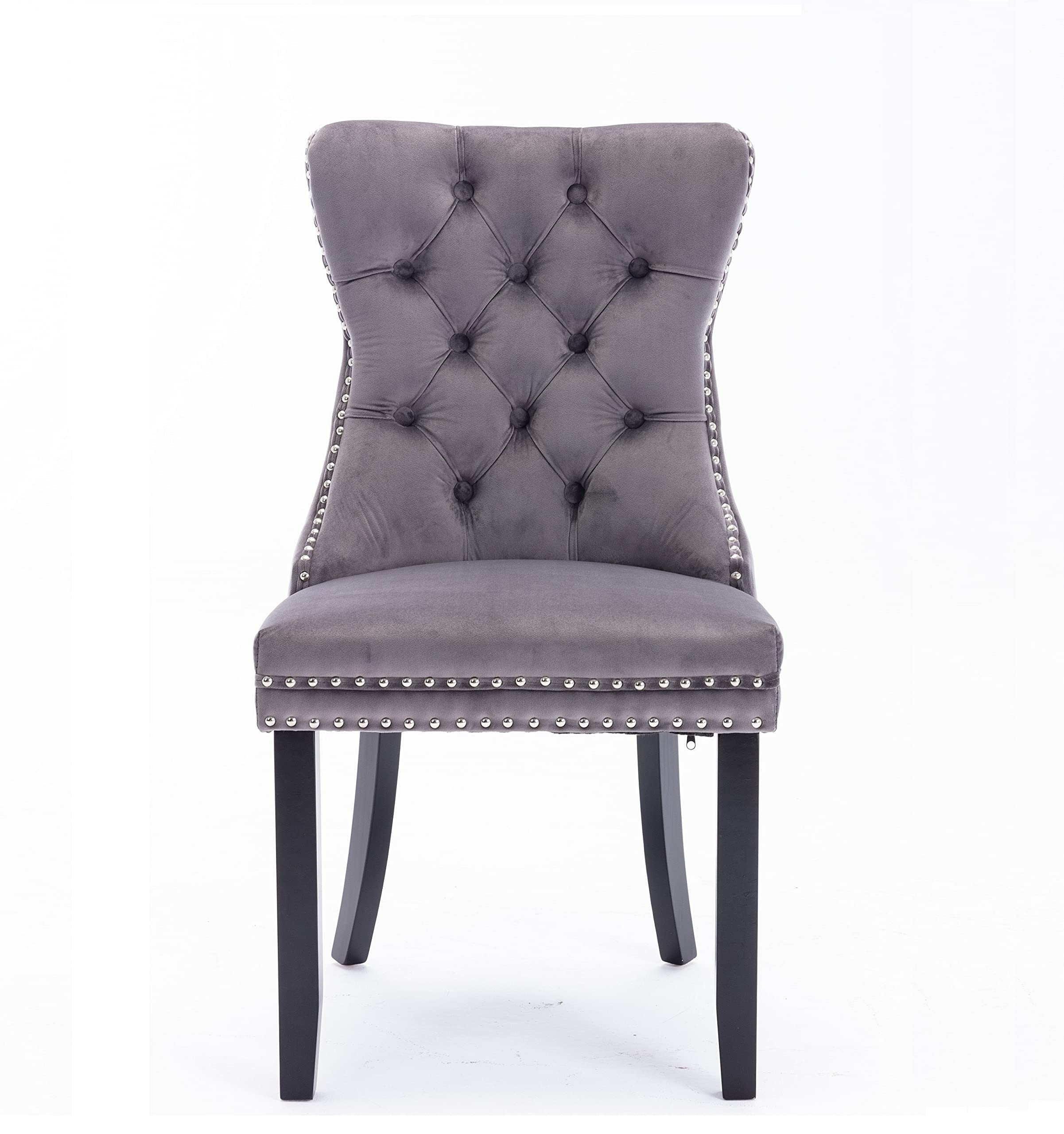 Luxury Velvet Dining Chairs Set of 2 - Elegant Tufted Upholstered Accent Chairs with Nailhead Trim & Ring Pull Design, Dark Grey - Perfect for Dining Room, Living Room or Home Office Decor