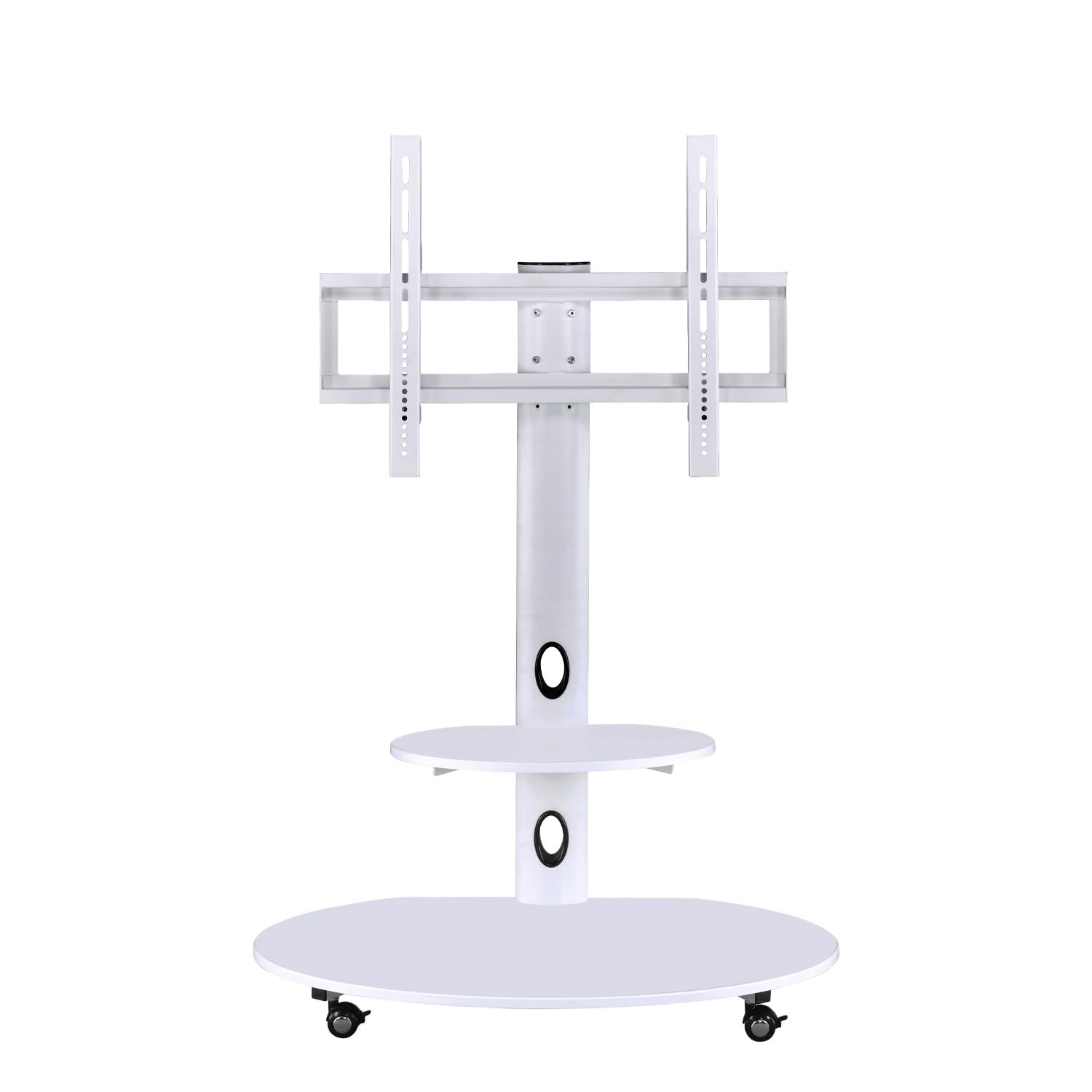 Adjustable Height Wooden & Metal Mobile TV Stand with Wheels for 65 Inch LED/Smart TV - White Oval Trolley TV Unit for Living Room, Bedroom & Home Theater