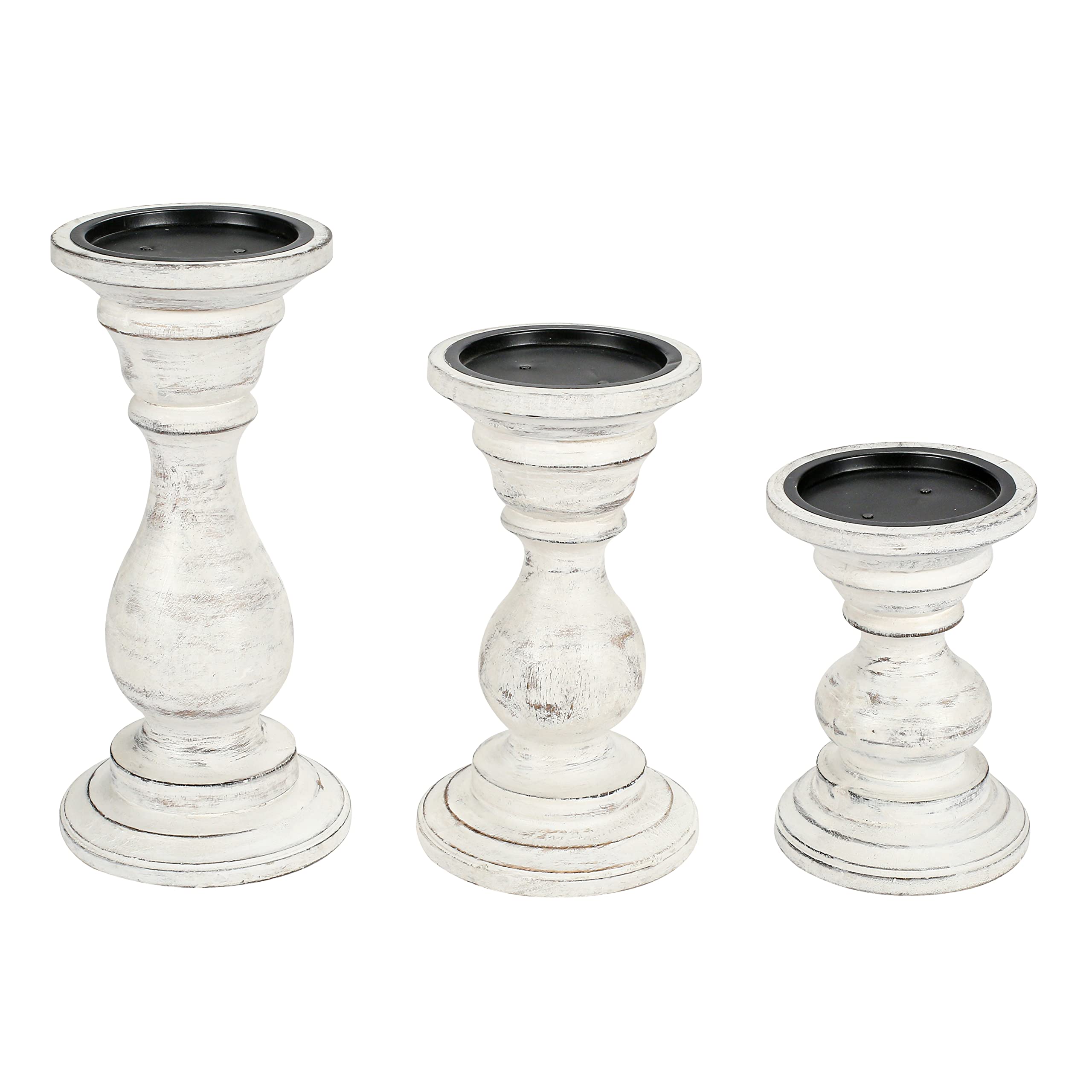 Wooden Candle Holder Stand Set of 3 - 10, 8, 6 Inch Pillar Candle Holders with Rounded Turned Columns - Antique White Country Style for Weddings, Christmas, Parties & Home Decor | Perfect as Unity Candle Holders & Gift Ideas