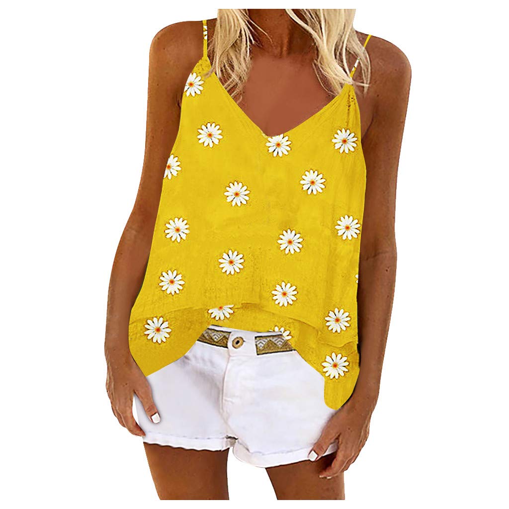 Women's Summer Sleeveless V-Neck Daisy Print Tank Top - Fashion Button Down Sleeveless T-Shirt for Casual Wear, Beach Outfits & Summer Vacation