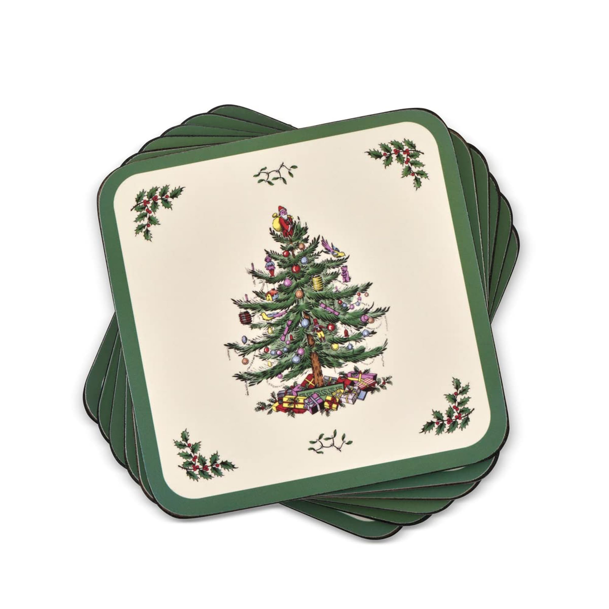 Spode Christmas Tree Holiday Coasters Set of 6 - 4x4 Inch Cork Backed Drink Coasters, Heat & Stain Resistant - Festive Tabletop Protection for Home Decor - Perfect for Christmas Parties, Dinner Tables & Holiday Gatherings