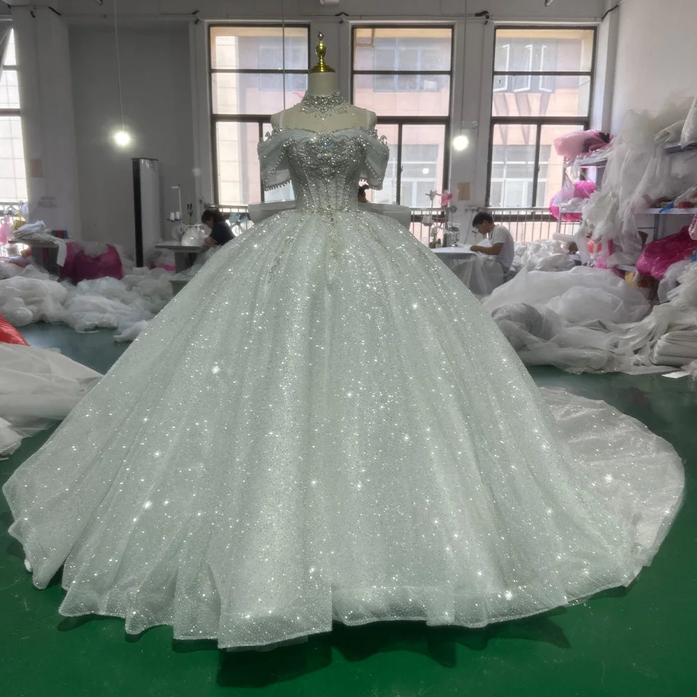 Elegant Off Shoulder Princess Wedding Gown with Beaded Details - Perfect for Bridal, Prom, and Formal Occasions