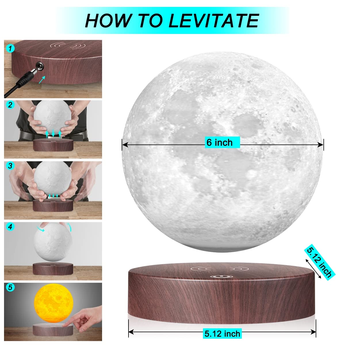 VGAzer Levitating Moon Lamp - Floating & Spinning LED Night Light with Luxury Faux Wooden Base, 3D Printed Moon Light | Perfect Unique Gift for Home Decor, Bedroom, Office Desk, Romantic Atmosphere & Tech Enthusiasts
