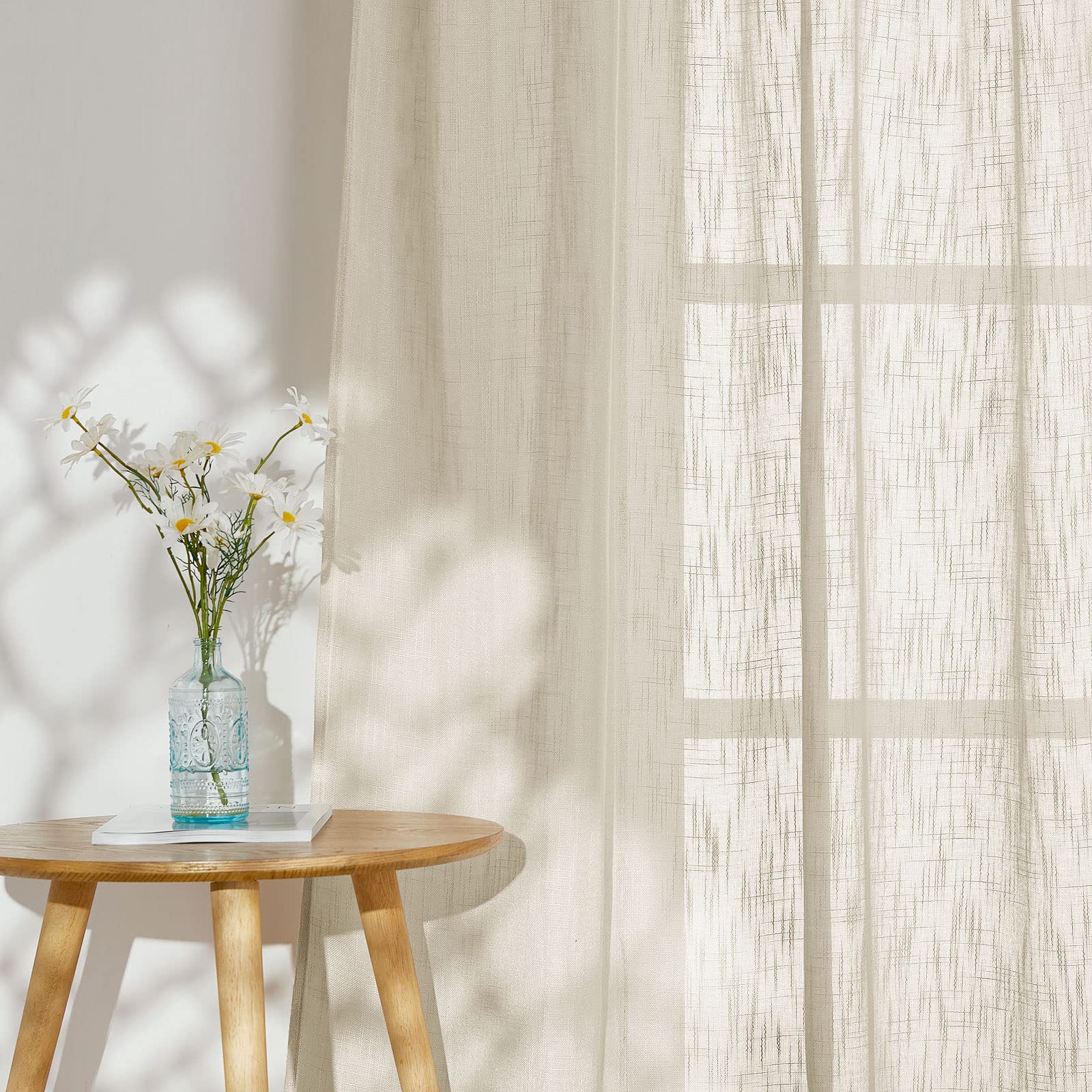 PONY DANCE 36 Inch Beige Kitchen Curtains - Semi Sheer Linen Textured Farmhouse Window Treatments with Grommet Top, Set of 2 Panels for Cafe, Bathroom, Bedroom & Small Windows | Perfect for Rustic, Modern and Farmhouse Style Decor