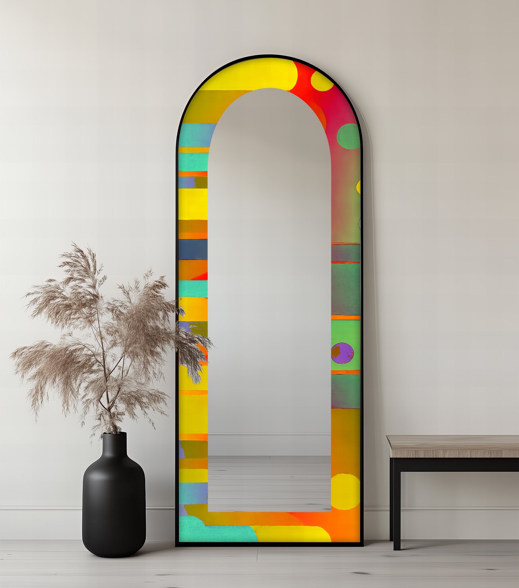 Abstract Circle and Stripe Full Length Floor Mirror - Modern Decorative Wall Mirror for Bedroom, Living Room & Entryway