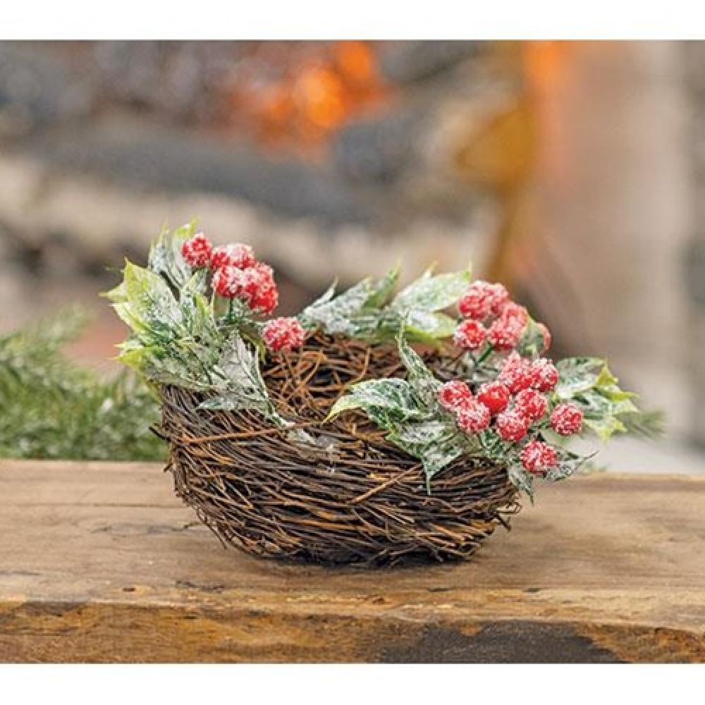 Frosty Red Berries & Leaves Bird Nest - Handmade Natural Decorative Birdhouse for Garden, Patio & Outdoor Decor | Perfect for Winter Bird Watching & Seasonal Home Decoration