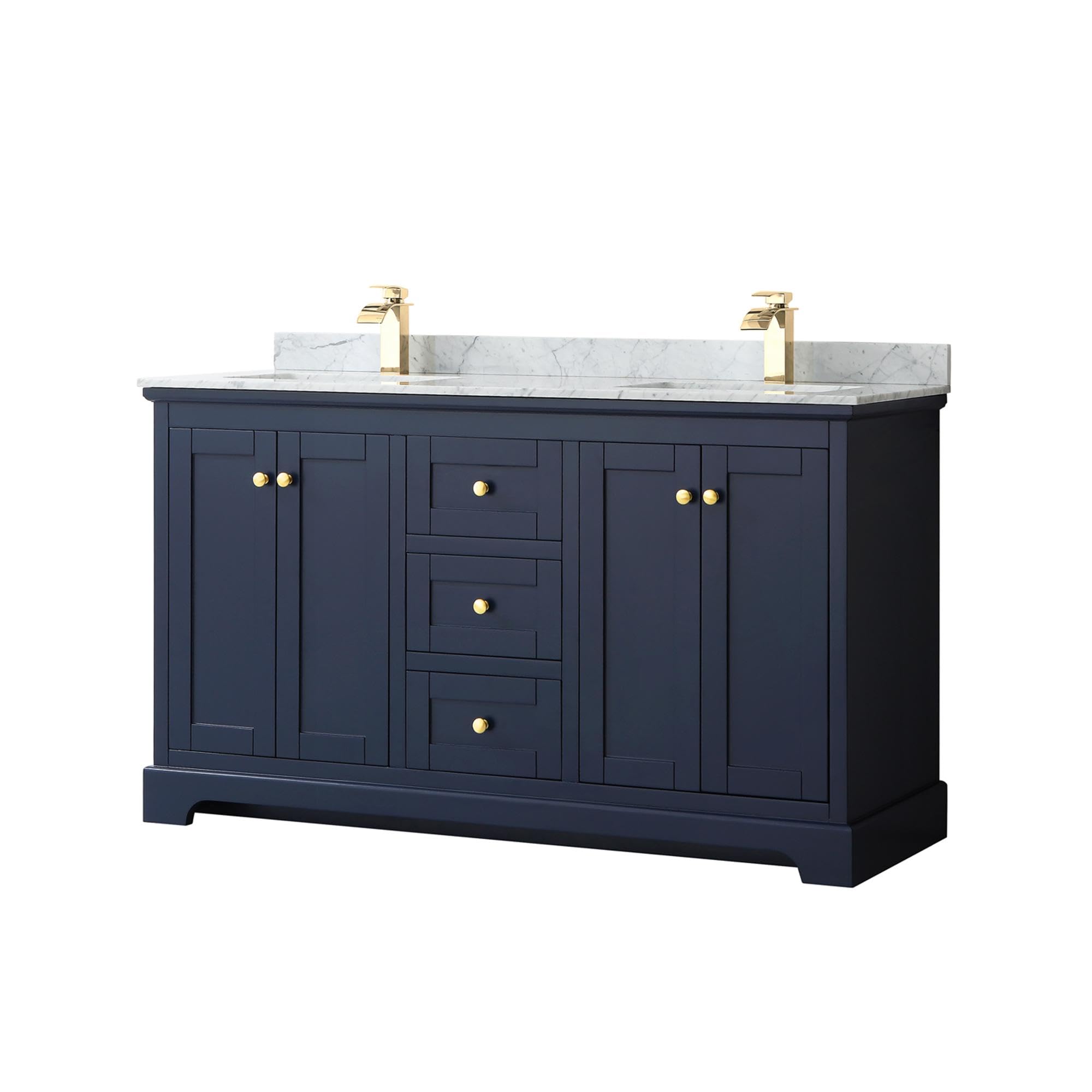 Wyndham Collection Avery 60 Inch Double Bathroom Vanity - Dark Blue with White Carrara Marble Countertop & Undermount Square Sinks | Modern Bathroom Furniture for Master Bath or Guest Bath Renovation