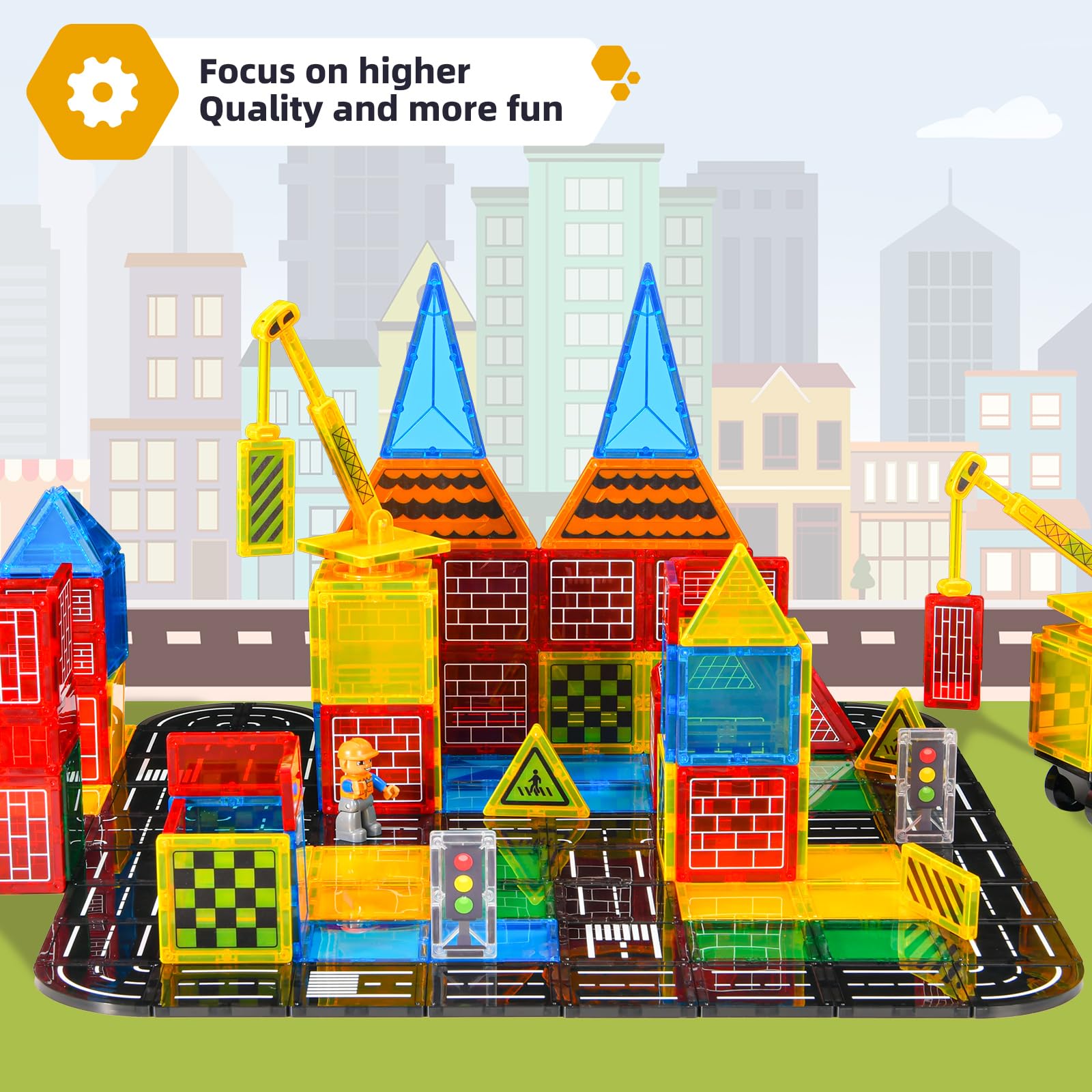 Magnetic Tiles Road Set - City Construction Building Toys for Kids Ages 3+, Magnetic Blocks with Extendable Crane & Car, STEM Learning Toys for Boys & Girls - Perfect for Creative Play, Birthday Gifts & Classroom Activities