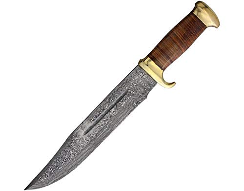 Premium Damascus Steel MR586 Bowie Knife - Handcrafted Stacked Leather Handle - Outdoor Survival, Hunting, Camping & Bushcraft Essential