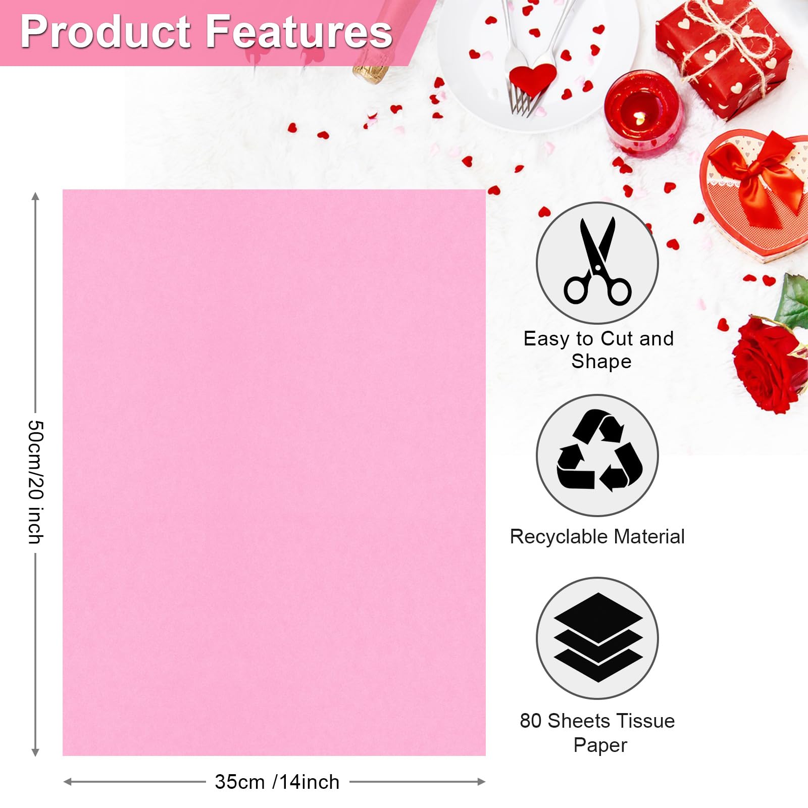 80 Sheets Pink Wrapping Tissue Paper, 14x20 Inch Bulk Gift Wrapping Supplies for DIY Crafts, Baby Shower, Valentine's Day, Wedding & Christmas Decorations - Perfect for Gift Bags, Party Favors and Home Decoration