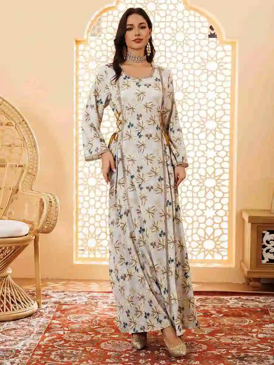 Floral Printed Eid Caftan Dress for Women - Elegant Long Kaftan with V-Neck & Flowy Sleeves #25441 | Perfect for Eid Celebrations, Summer Parties & Beach Cover-Ups