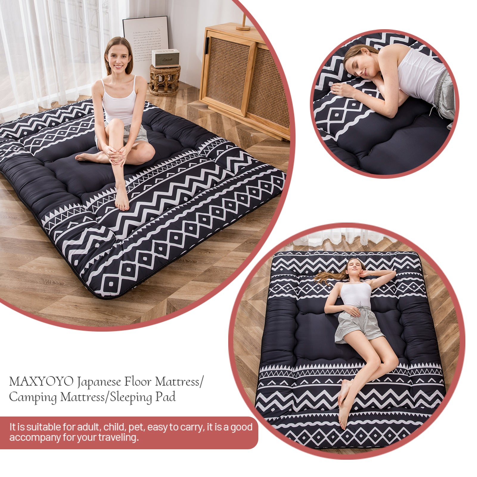 MAXYOYO Floor Mattress - Black Line Printed Futon Mattress for Adults & Kids | Easy to Clean Japanese Style Tatami Mattress | Perfect for Guest Beds, Camping & Yoga