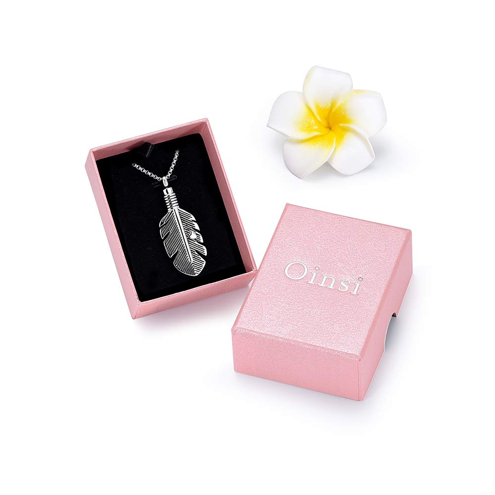 Oinsi Stainless Steel Feather Urn Necklace - Cremation Ashes Memorial Jewelry Keepsake for Loved Ones with Gift Box & Fill Kit (Heart Feather, Silver Tone) - Perfect for Remembrance, Funeral Services & Everyday Wear