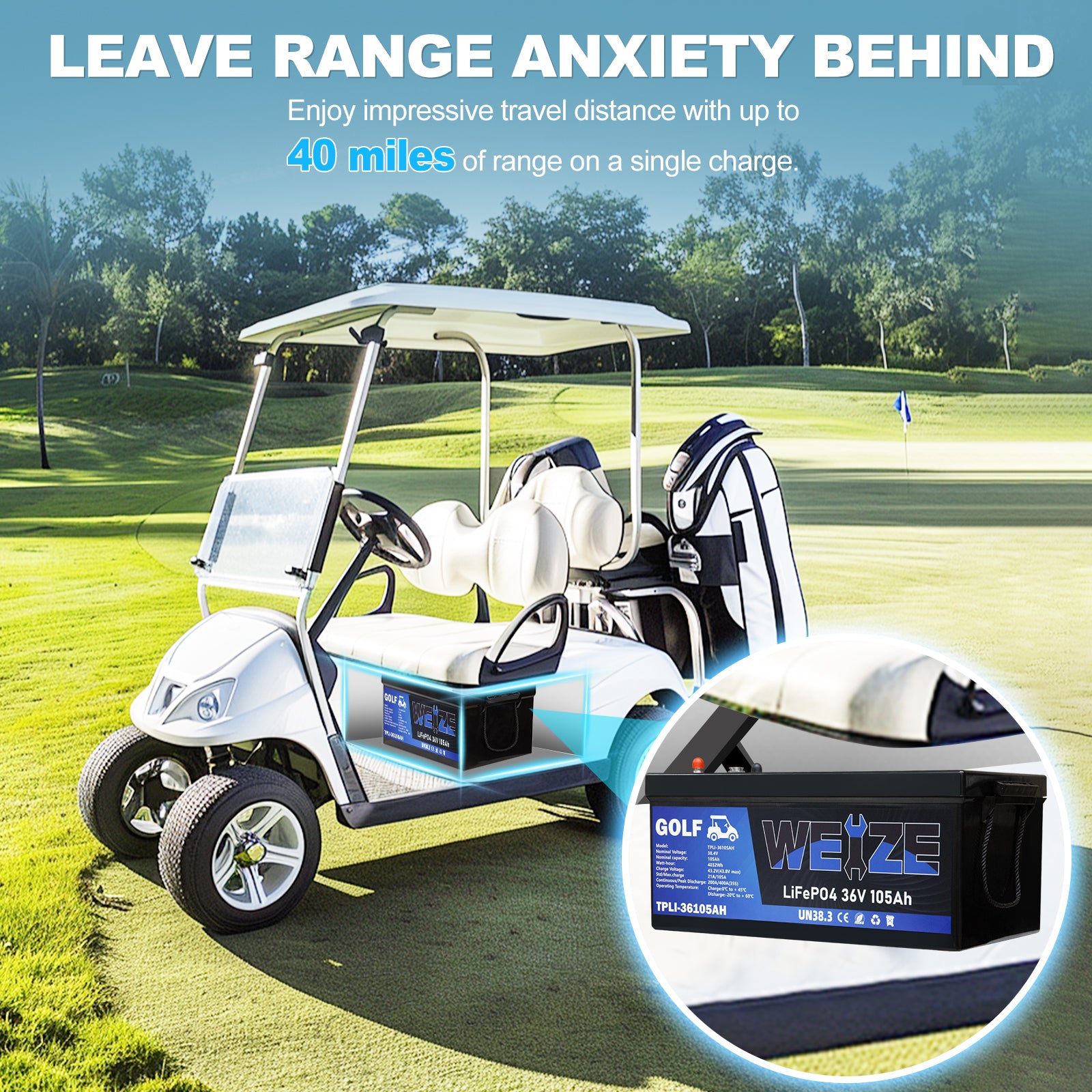 38.4V 105Ah LiFePO4 Deep Cycle Golf Cart Battery with Bluetooth - 4032Wh Lithium Iron Phosphate Battery for Golf Carts, Electric Vehicles & Solar Power Storage - Long Lasting & High Performance