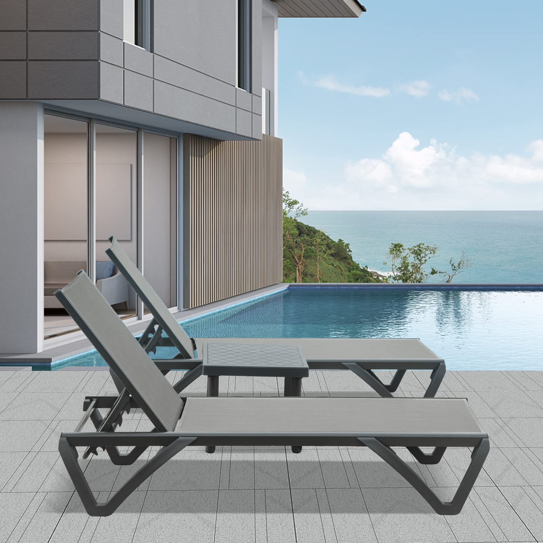 **Domi Premium Aluminum Pool Lounge Chairs with Side Table - 5-Position Adjustable Backrest, Wheels & All-Weather Design - Perfect for Poolside, Patio, Beach & Backyard Relaxation (Set of 2 Grey Lounges)**