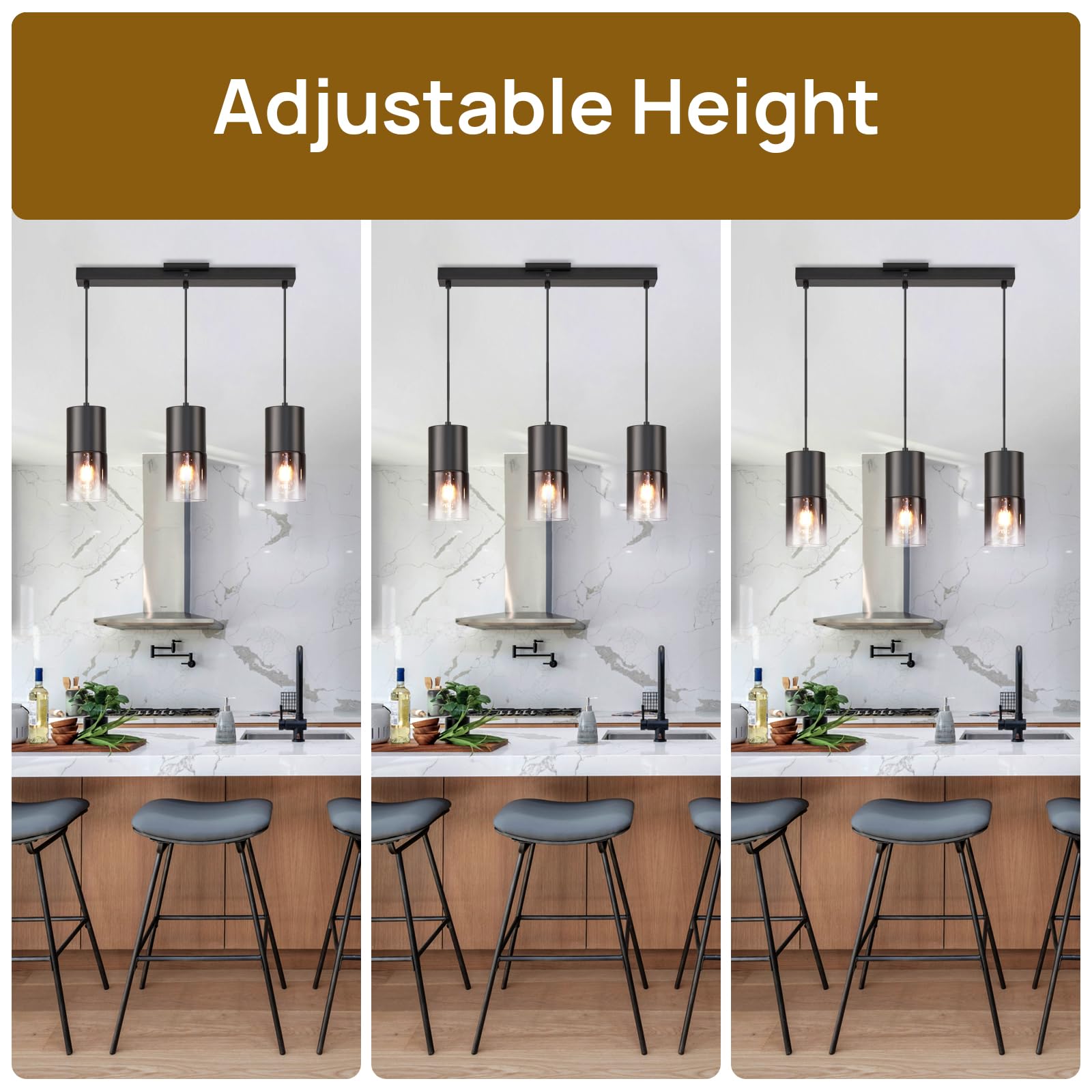 Industrial Black Glass Pendant Light - Farmhouse Kitchen Island Chandelier with 3 E26 Bulbs & 59