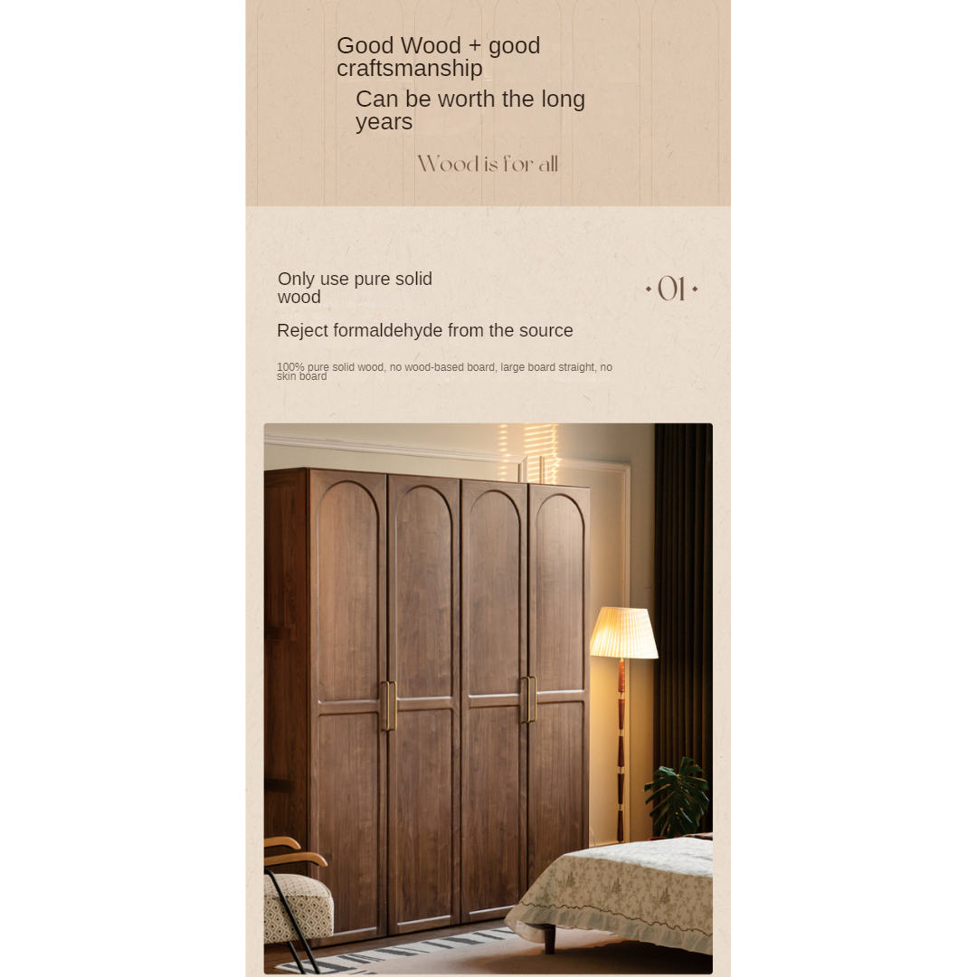 Vintage French Style Black Walnut Solid Wood Wardrobe - Classic Retro Closet for Bedroom & Living Room Storage