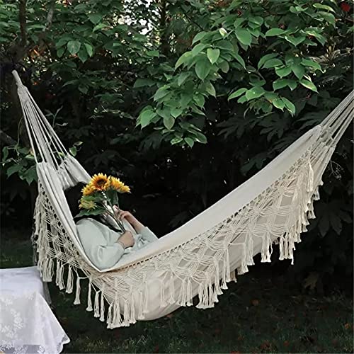 VALINK Large Double Deluxe Hammock Swing Bed - 2 Person Boho Hanging Chair with Macrame Fringe, 2x1.5m Brazilian Style for Indoor/Outdoor Use - Perfect for Porch, Patio, Garden, and Bedroom Relaxation
