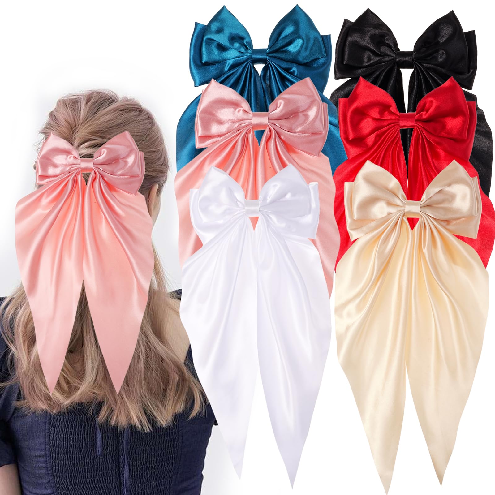 6PCS Large Bow Hair Clips for Women - Silky Satin Hair Bows with Long Tail - Elegant Hair Accessories for Women & Girls - Perfect for Parties, Weddings & Everyday Styling