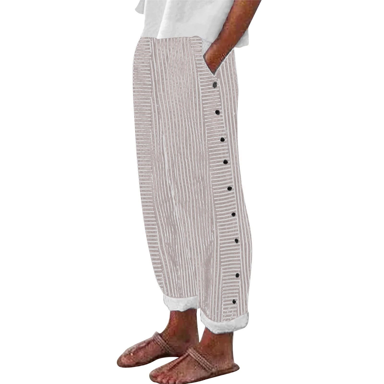 Women's Long Linen Pants - Striped Print Straight Leg Casual Cotton Linen Pants for Tall & Petite Women | Boho Chic Summer Pants for Beach, Travel & Everyday Wear | Khaki XS