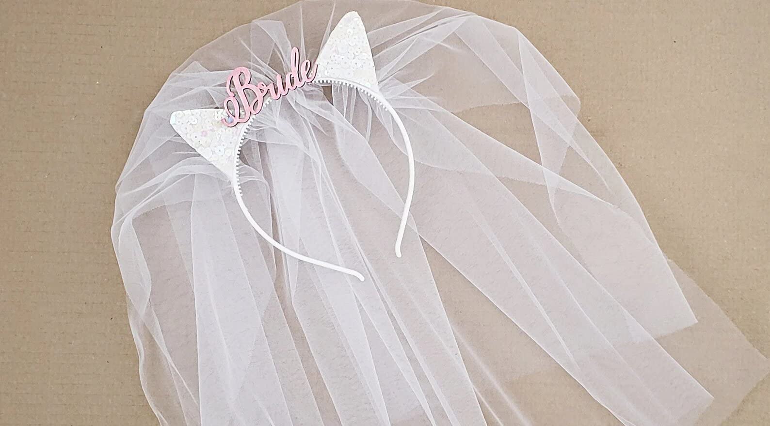 Bridal Cat Ears Headband with Veil - Wedding Hair Accessory for Bride to Be - Perfect for Bachelorette Parties, Bridal Showers & Cosplay Events