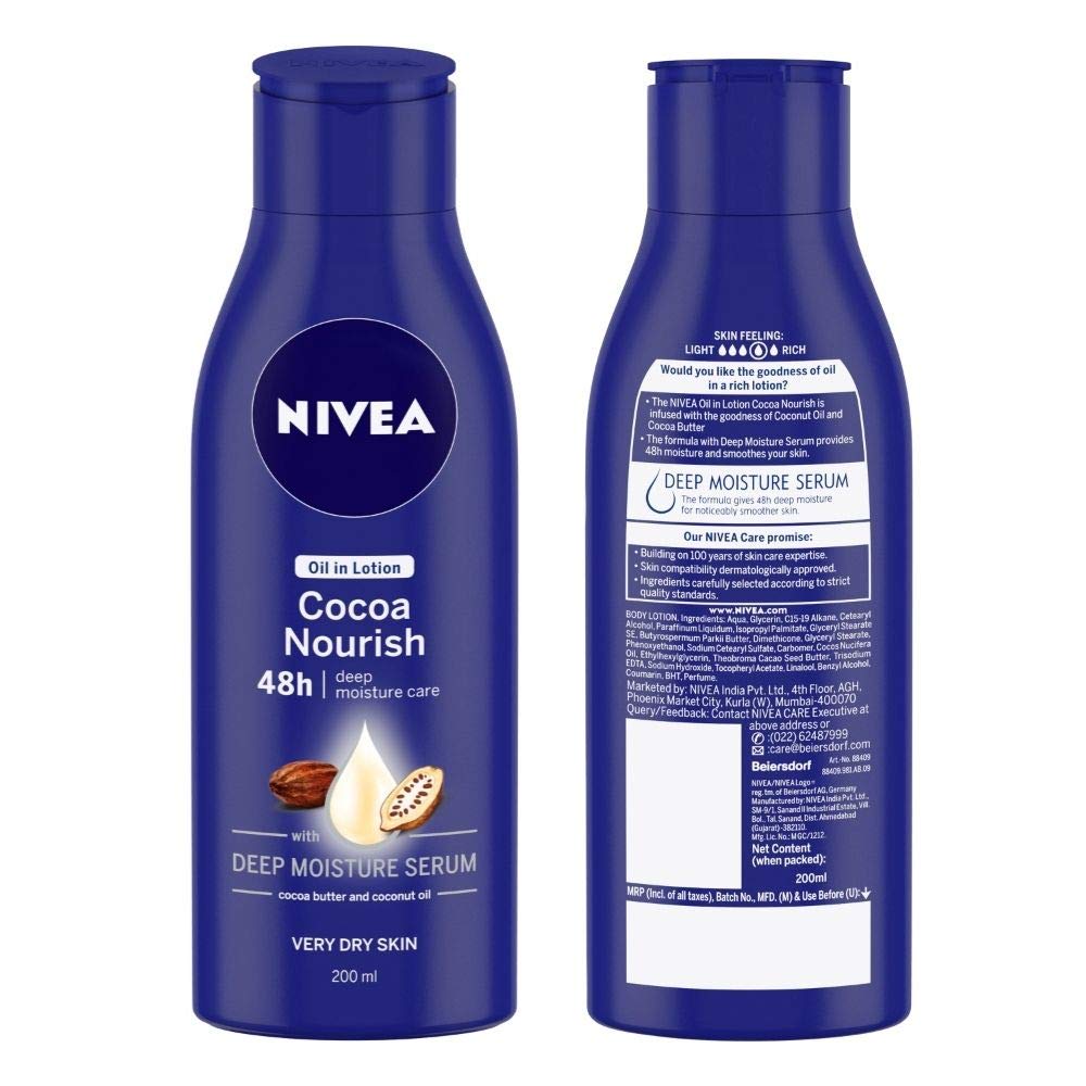 NIVEA Cocoa Nourish Oil-In Lotion for Dry Skin, 200ml - Deep Hydration Body Moisturizer with Cocoa Butter for Smooth & Soft Skin | Perfect for Daily Use, After Shower & Winter Care