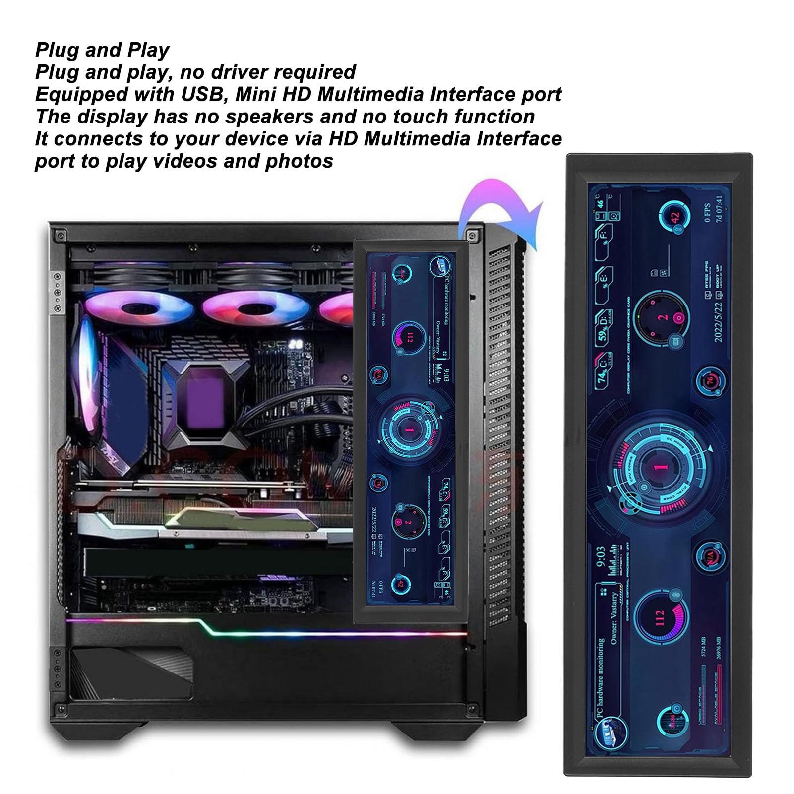 Elprico 8.8 Inch PC Temperature Monitor - IPS USB Mini Screen with 1920x480 Resolution - Real-Time CPU, RAM & GPU Data Display for Gaming PC, Workstation & Custom Builds - Compatible with AIDA64 & ARGB Lighting