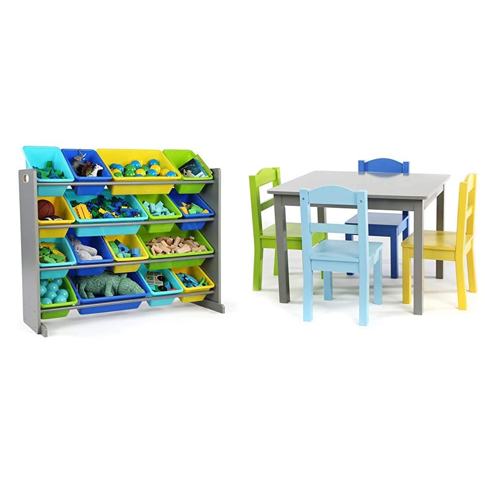 Humble Crew Extra-Large Kids Toy Storage Organizer with 16 Bins - Grey/Blue/Green/Yellow | Wooden Children's Table and 4 Chairs Set | Perfect for Playroom, Classroom & Daycare Organization