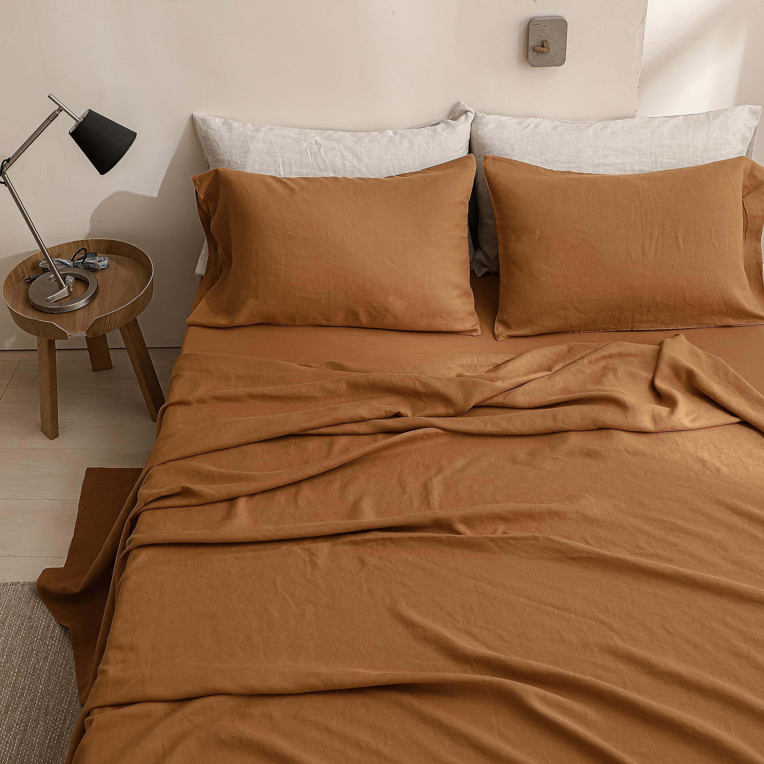 Premium 100% French Linen Sheet Set Queen Size - 4 Piece Natural Breathable Bedding | Soft & Durable All-Season Luxury Bed Sheets in Rust Color | Perfect for Hot Sleepers, Guest Rooms & Eco-Friendly Homes