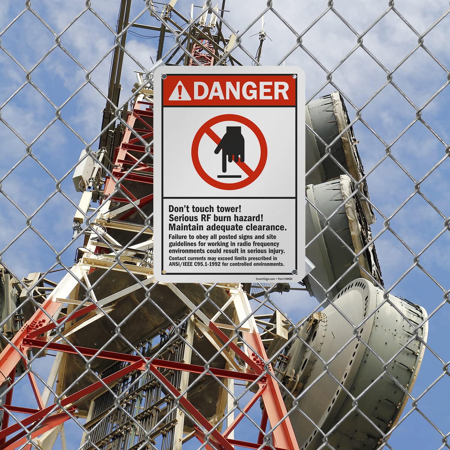 Danger - Don't Touch Tower RF Burn Hazard Sign | 10x7 Inch ANSI Compliant Metal Sign | 40 Mil Laminated Rustproof Aluminum | Red, Black & White | for Electrical Towers, Utility Poles & High Voltage Areas