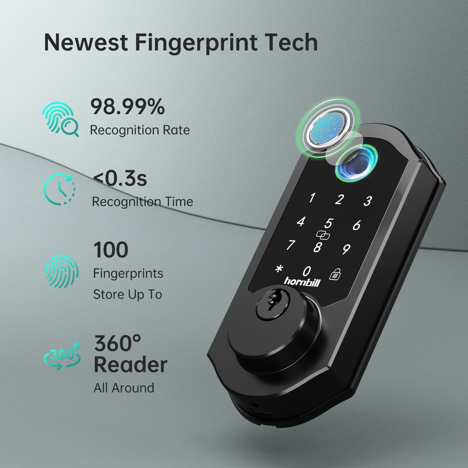 Hornbill Smart Lock WiFi Deadbolt - Keyless Entry Front Door Lock with Fingerprint, Bluetooth & Alexa Compatibility | Remote Control via App, Auto Lock, Keyfob | Matte Black | Perfect for Home Security & Smart Home Automation