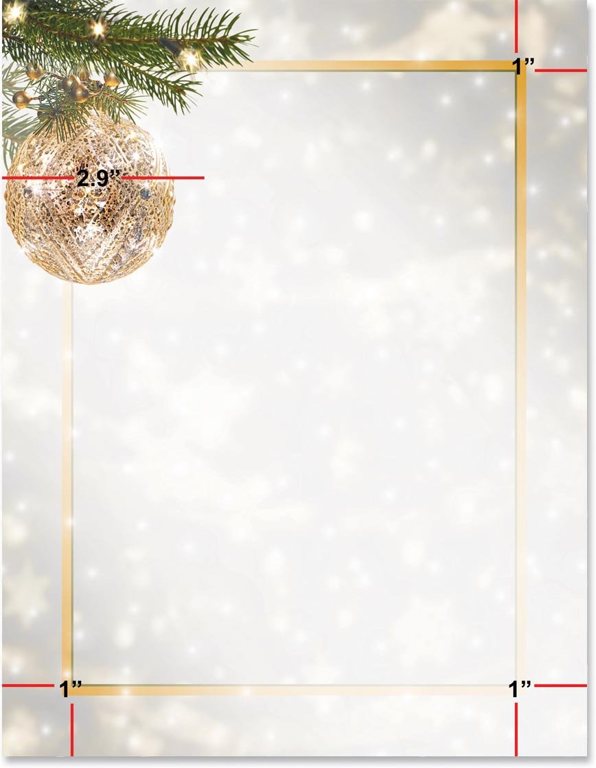 Golden Jeweled Ornament Christmas Holiday Stationery - Elegant Premium Writing Paper for Winter Letters, Invitations & Greeting Cards - 8.5 x 11 Decorative Border Paper, 100 Sheets - Perfect for Holiday Correspondence, Office Stationery & Festive Home Decor
