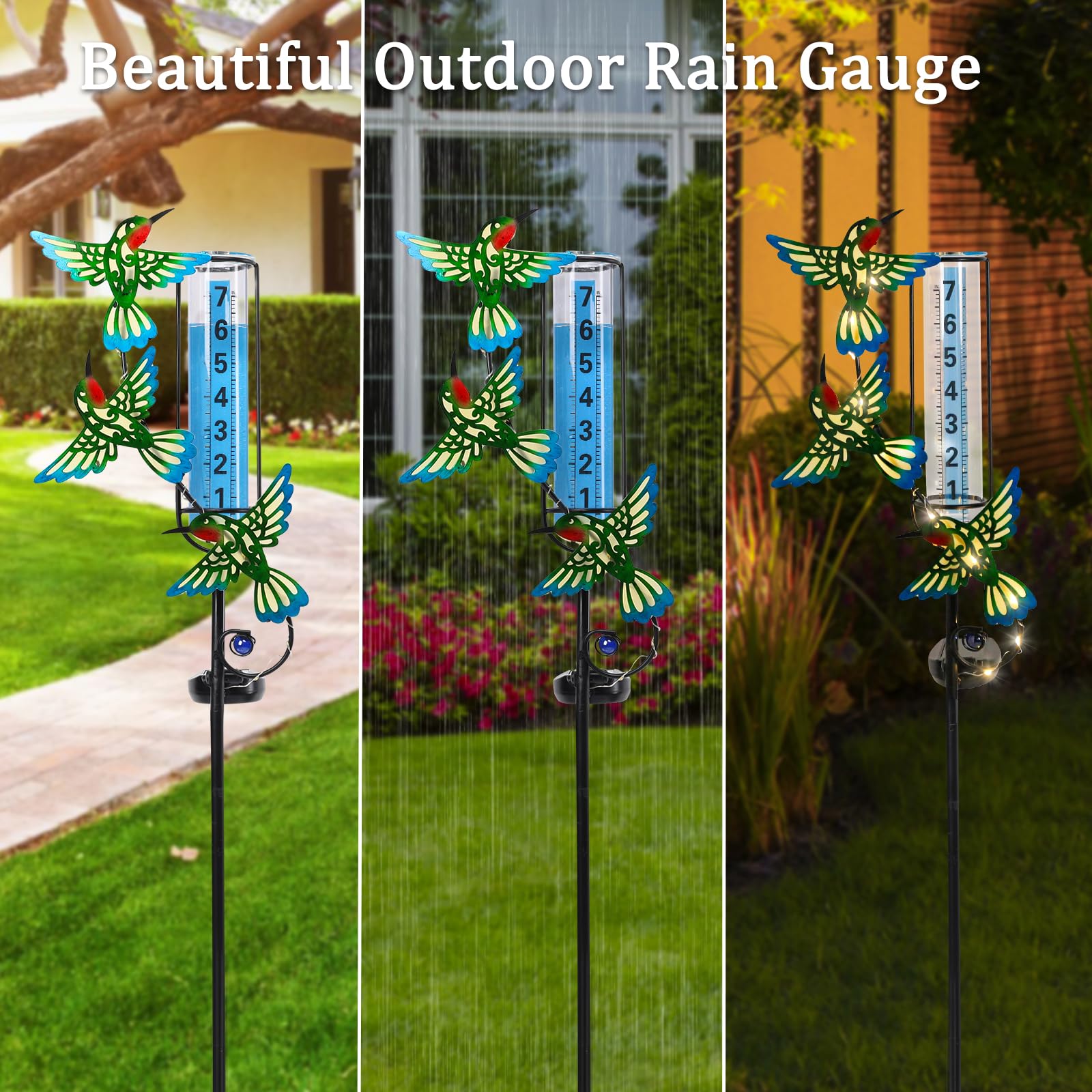 WONDER GARDEN Freeze Proof Solar Rain Gauge Outdoor with LED Hummingbird Lights - Accurate Weather Measurement for Yard, Garden & Lawn Decor | Perfect for Outdoor Enthusiasts & Home Gardeners