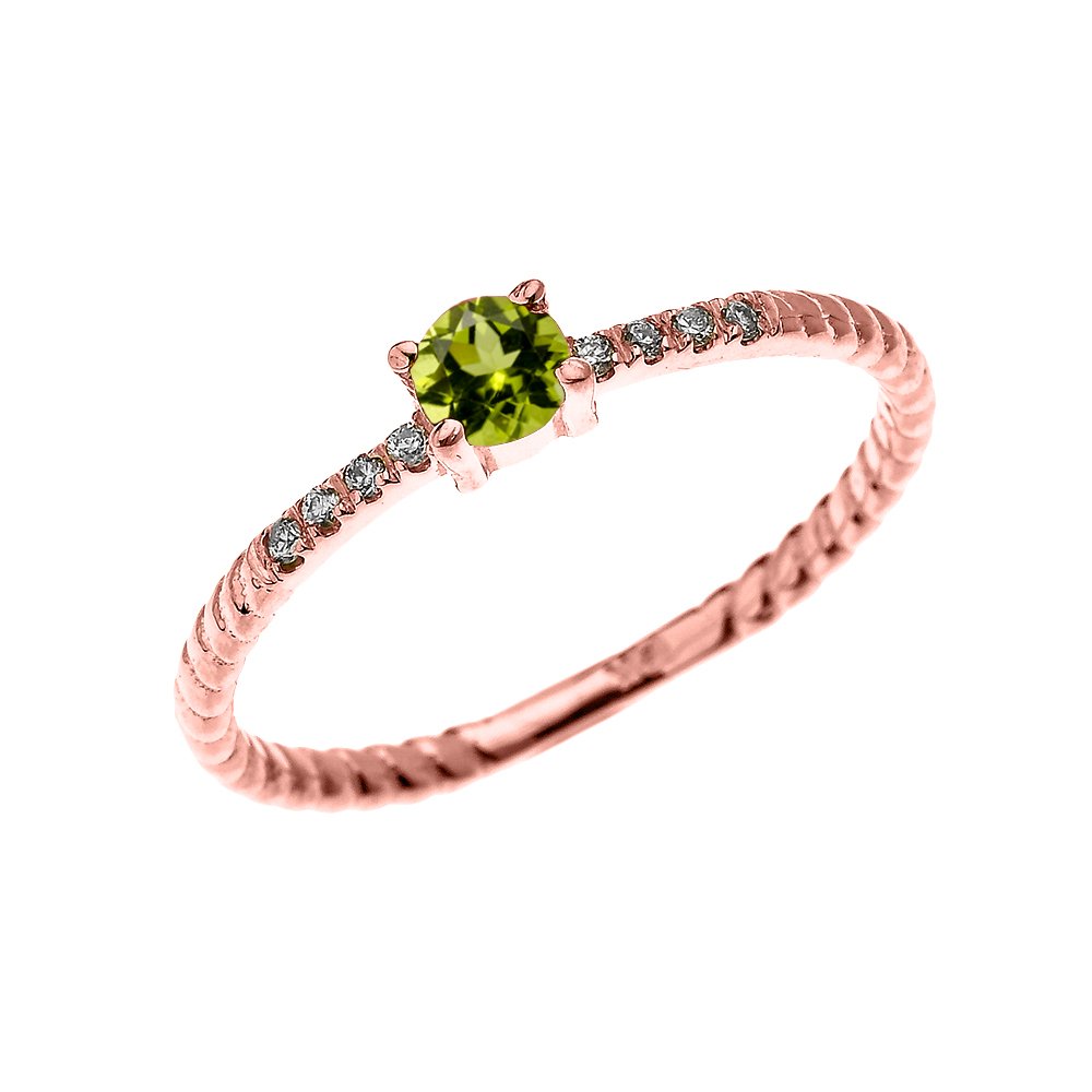 14K Rose Gold Dainty Diamond and Solitaire Peridot Rope Design Stackable Ring for Women - Elegant Proposal, Engagement, Wedding, Anniversary Gift for Her