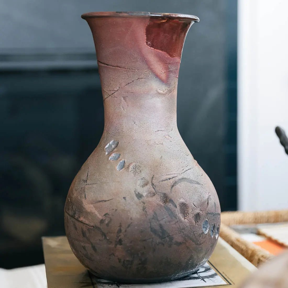 XL Raku Decorative Rubber Band Pot/Vase - Matte & Metallic Coppers, Greens, Charcoals (Creative Collection) | Handmade Ceramic Planter for Home Decor, Office Desk, Wedding Centerpiece, Gift Idea