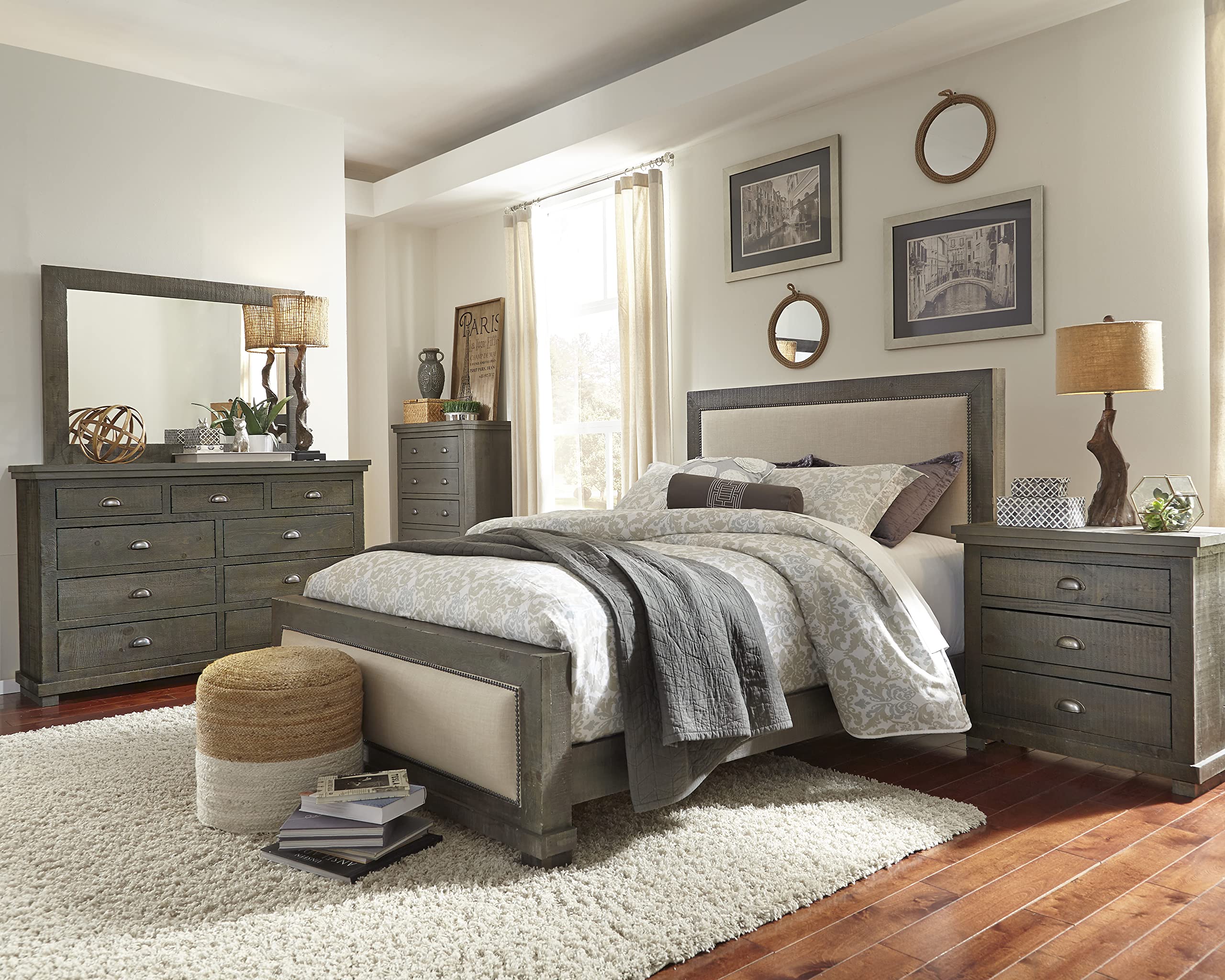 Progressive Furniture Willow Nightstand - Distressed Dark Gray Finish, Bedroom Side Table with Storage for Home Decor